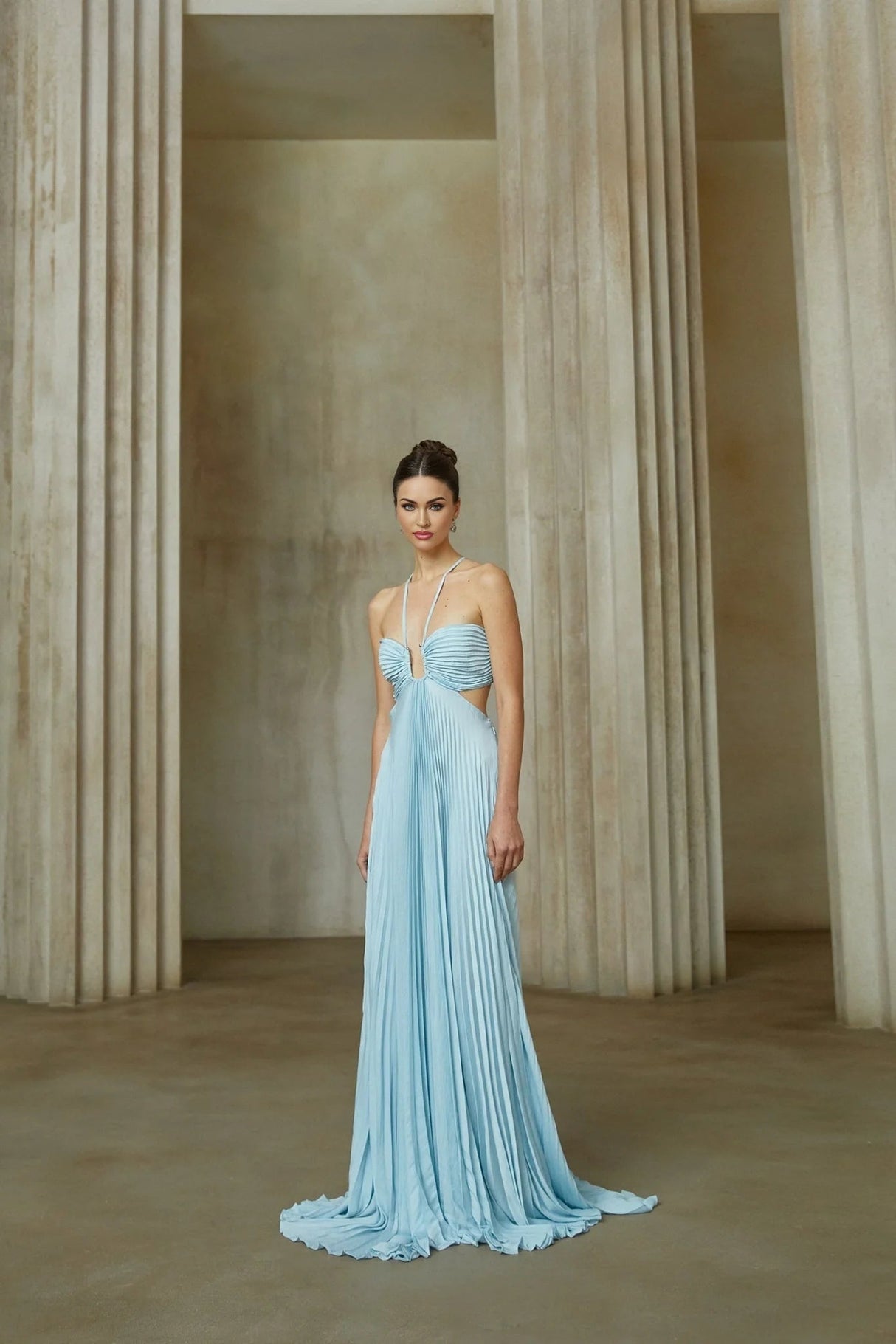 Diletta Maxi Dress Blue Pleated Cut - Out Halter - neck Train & Zip Detail