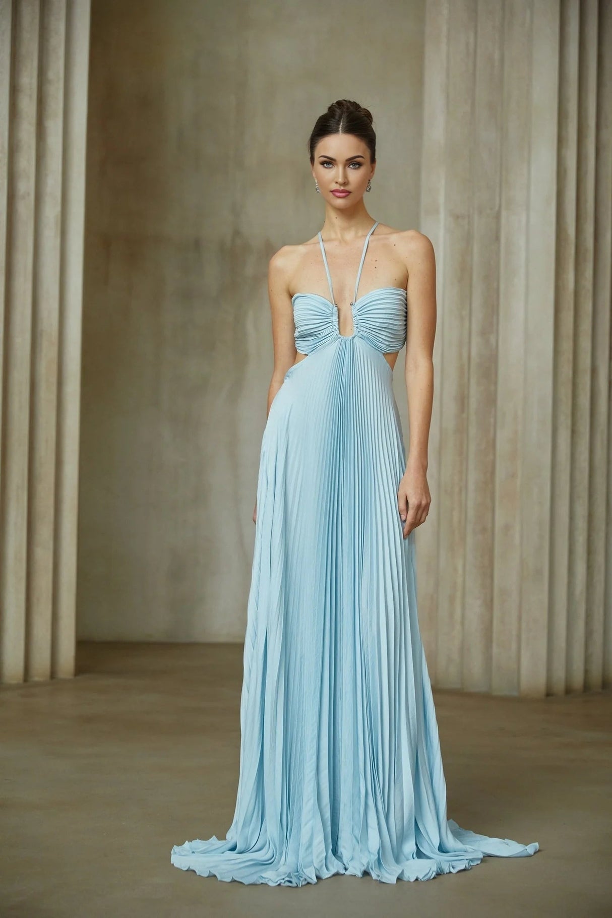 Diletta Maxi Dress Blue Pleated Cut - Out Halter - neck Train & Zip Detail