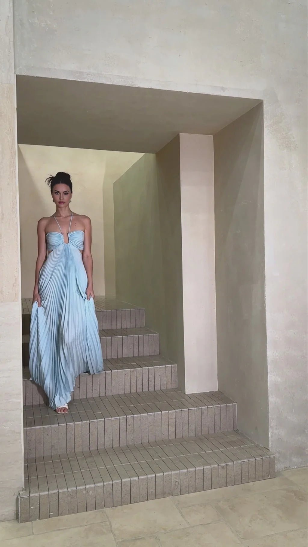 Diletta Maxi Dress Blue Pleated Cut - Out Halter - neck Train & Zip Detail