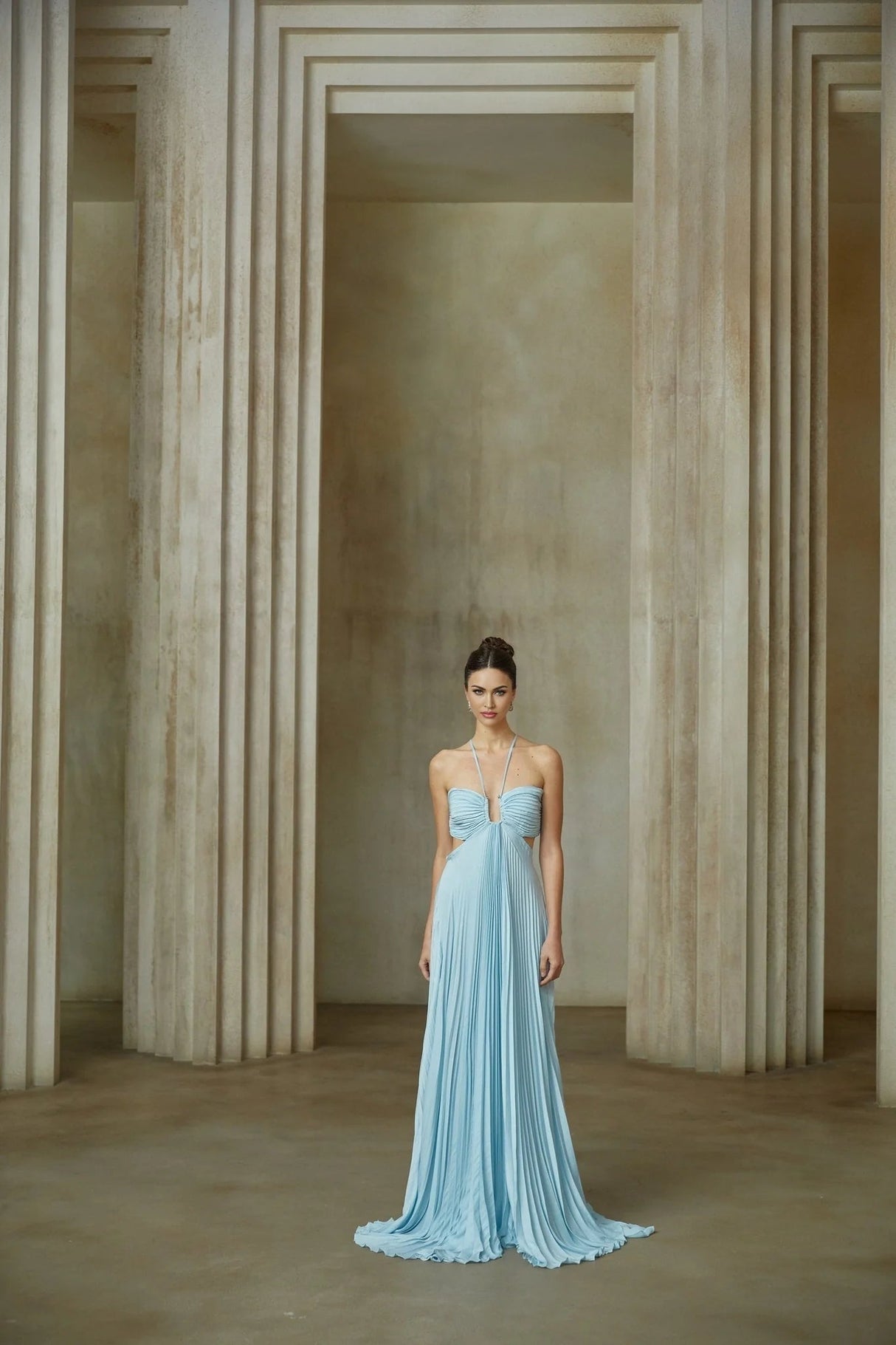 Diletta Maxi Dress Blue Pleated Cut - Out Halter - neck Train & Zip Detail