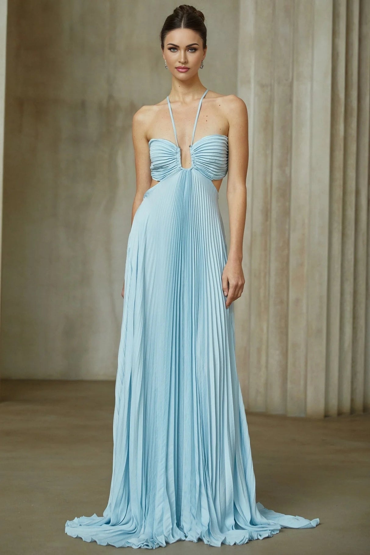 Diletta Maxi Dress Blue Pleated Cut - Out Halter - neck Train & Zip Detail