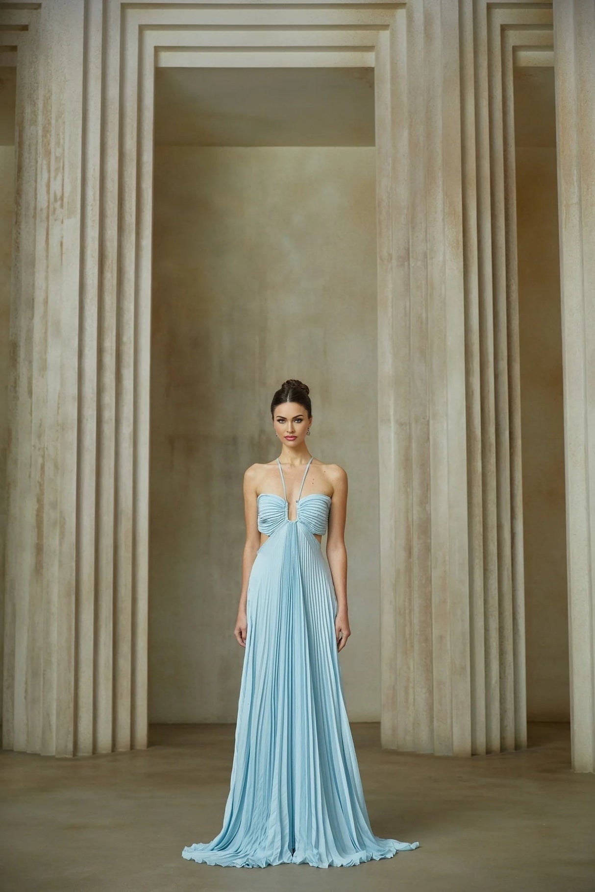 Diletta Maxi Dress Blue Pleated Cut - Out Halter - neck Train & Zip Detail