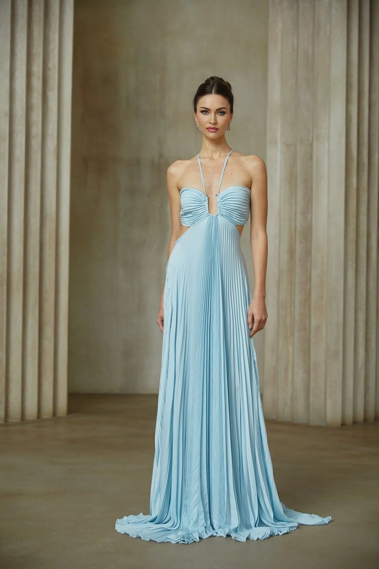 Diletta Maxi Dress Blue Pleated Cut - Out Halter - neck Train & Zip Detail