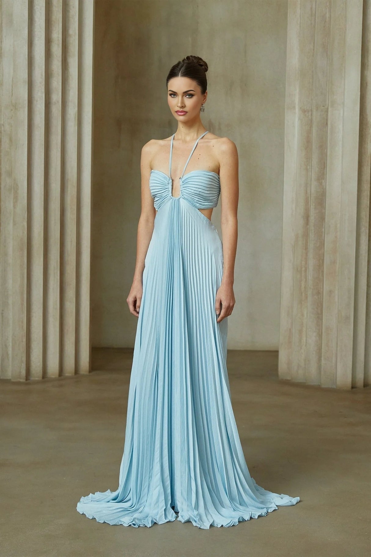 Diletta Maxi Dress Blue Pleated Cut - Out Halter - neck Train & Zip Detail