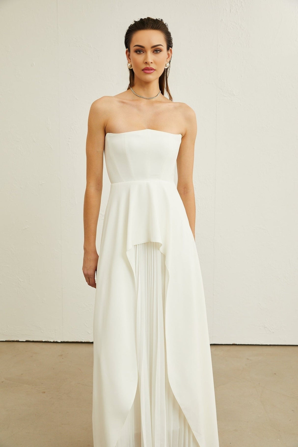 Diletta Maxi Dress - Strapless Sleeveless Design - Off - The - Shoulder Style - Pleated with Ruffled - Cut Trim - Rear Zip Fastening