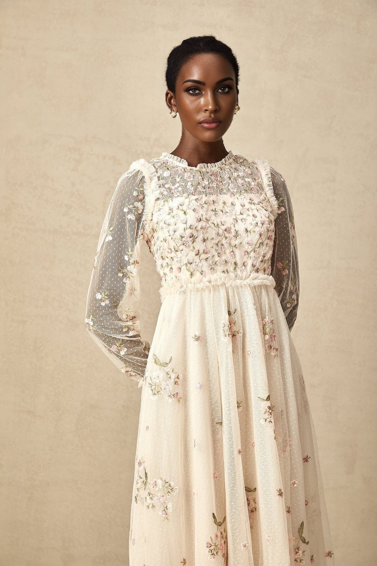 Diletta Midi Dress – Tulle – Floral Embroidery – Ruffle Detailing