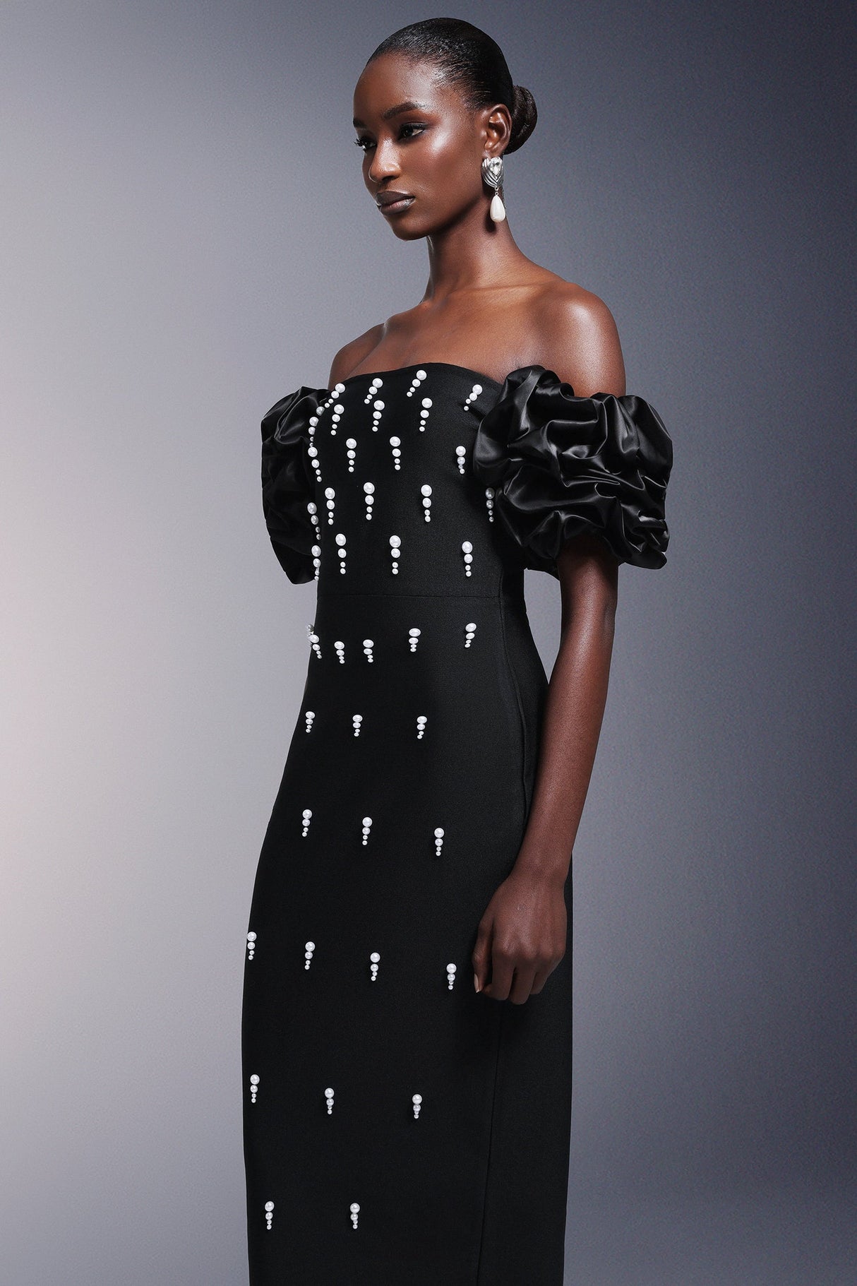 Domenica Black Bandage Maxi Dress with Ruffled Sleeves and Pearl Detailing