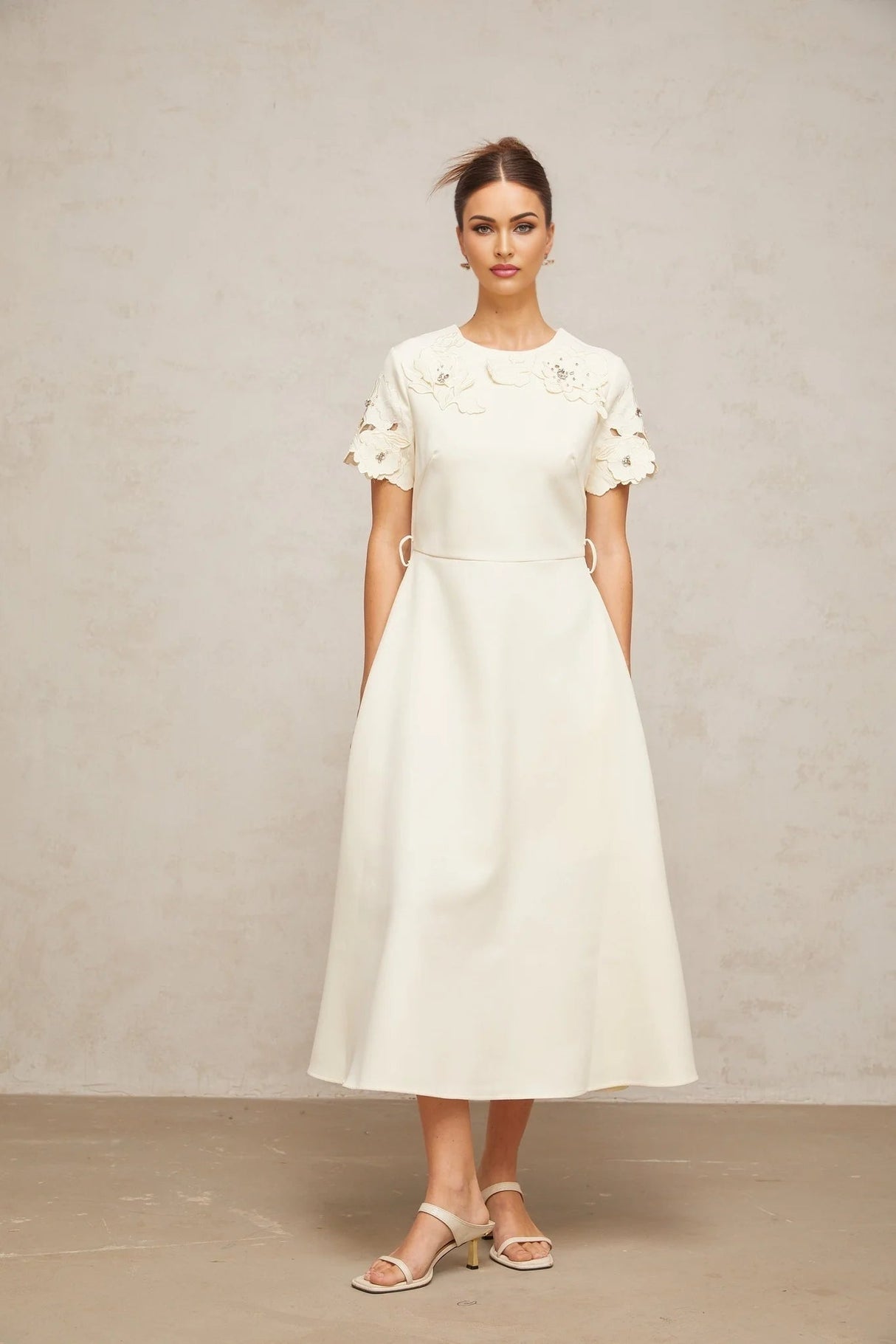 Domenica Midi Dress Neutrals Floral - Appliqu & Bead Embellishment