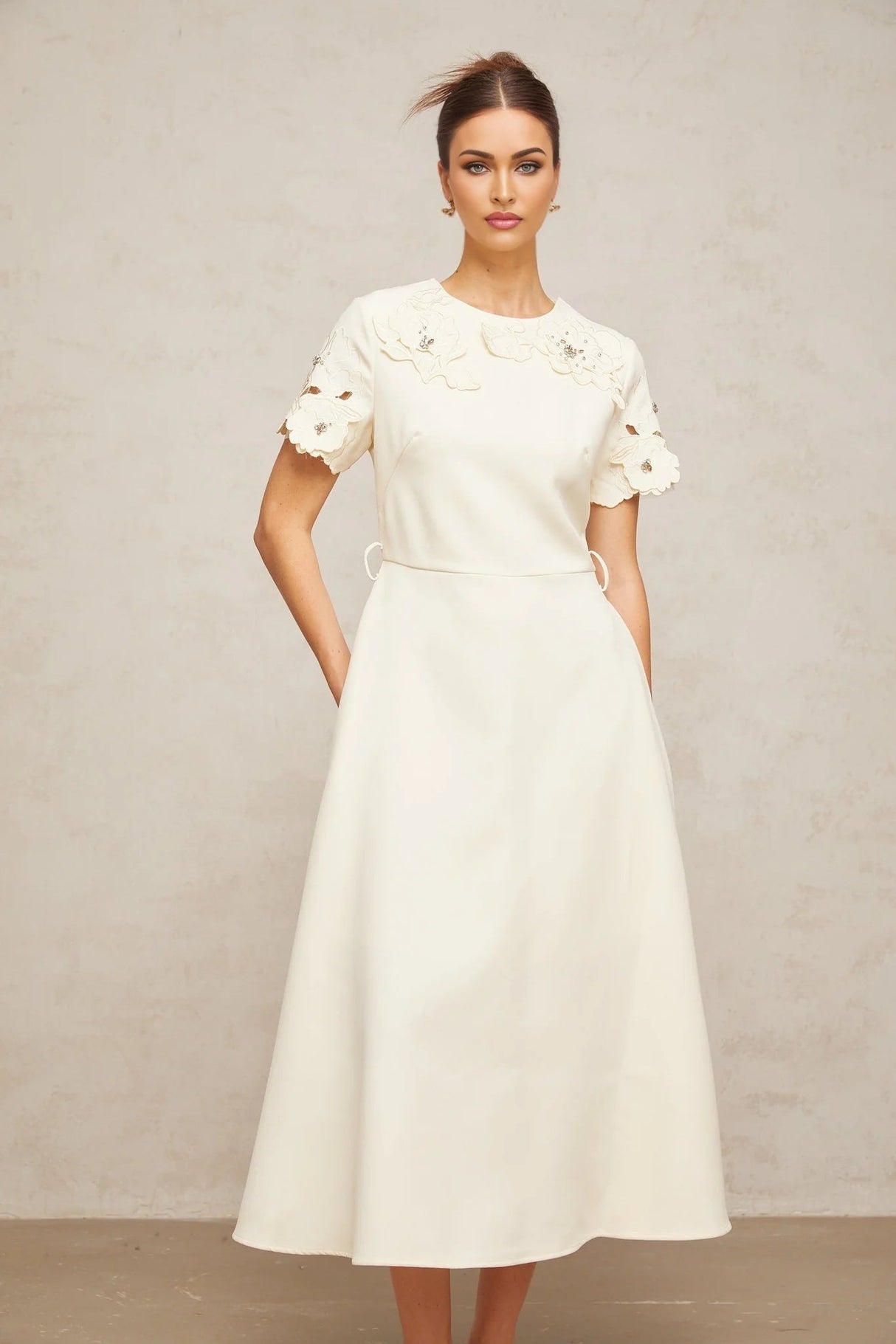 Domenica Midi Dress Neutrals Floral - Appliqu & Bead Embellishment