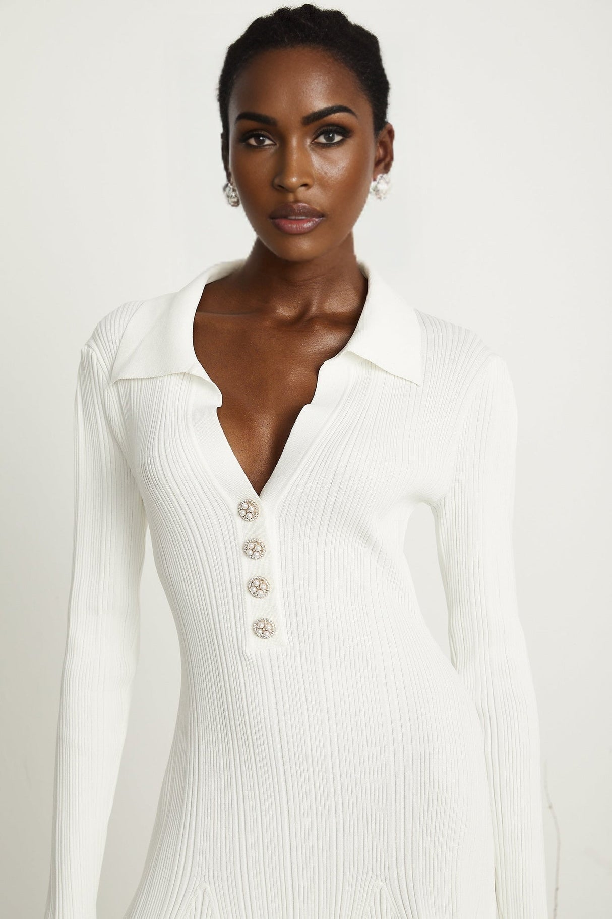 Domenica Mini Dress - Lapels - Long Sleeves - Knitted Construction - Button Fastening - Flared Hem