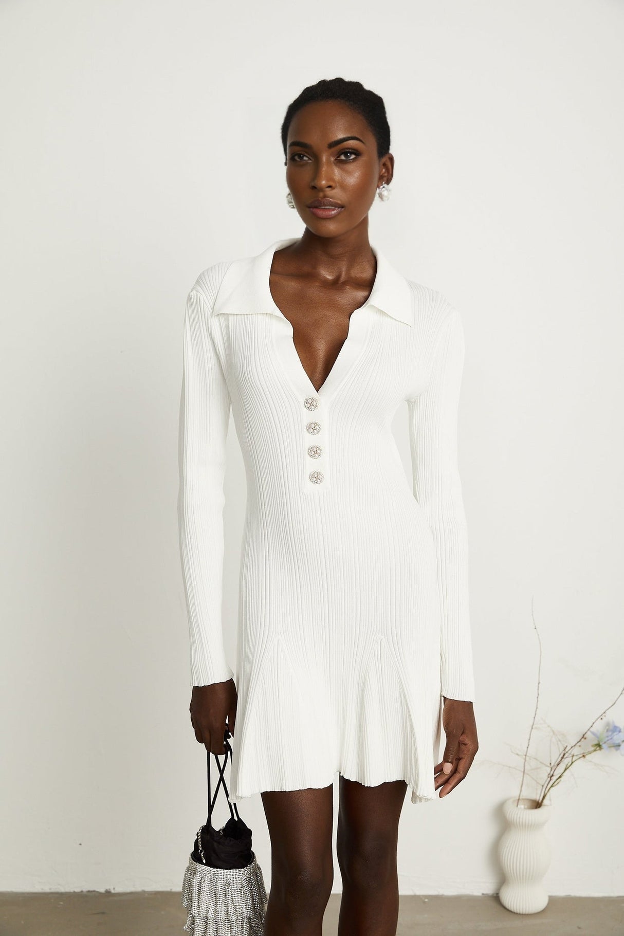 Domenica Mini Dress - Lapels - Long Sleeves - Knitted Construction - Button Fastening - Flared Hem