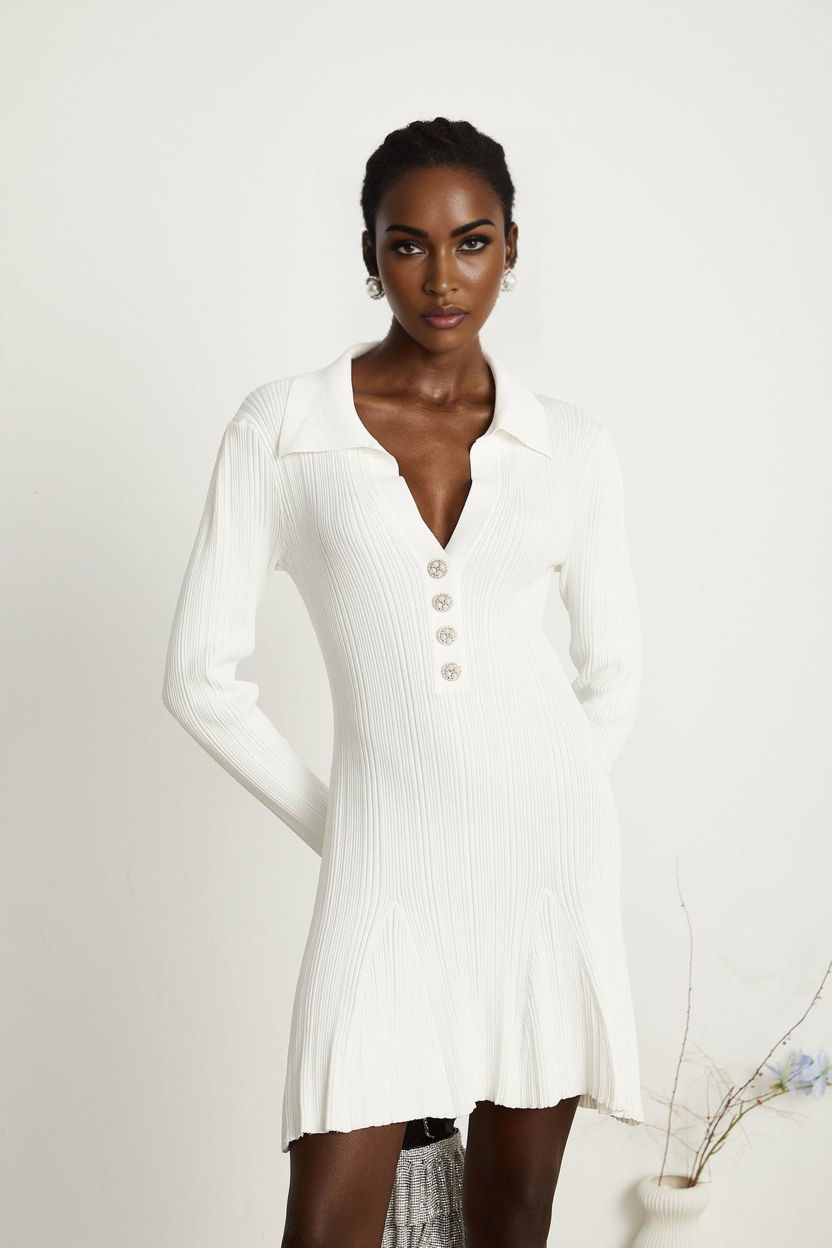 Domenica Mini Dress - Lapels - Long Sleeves - Knitted Construction - Button Fastening - Flared Hem
