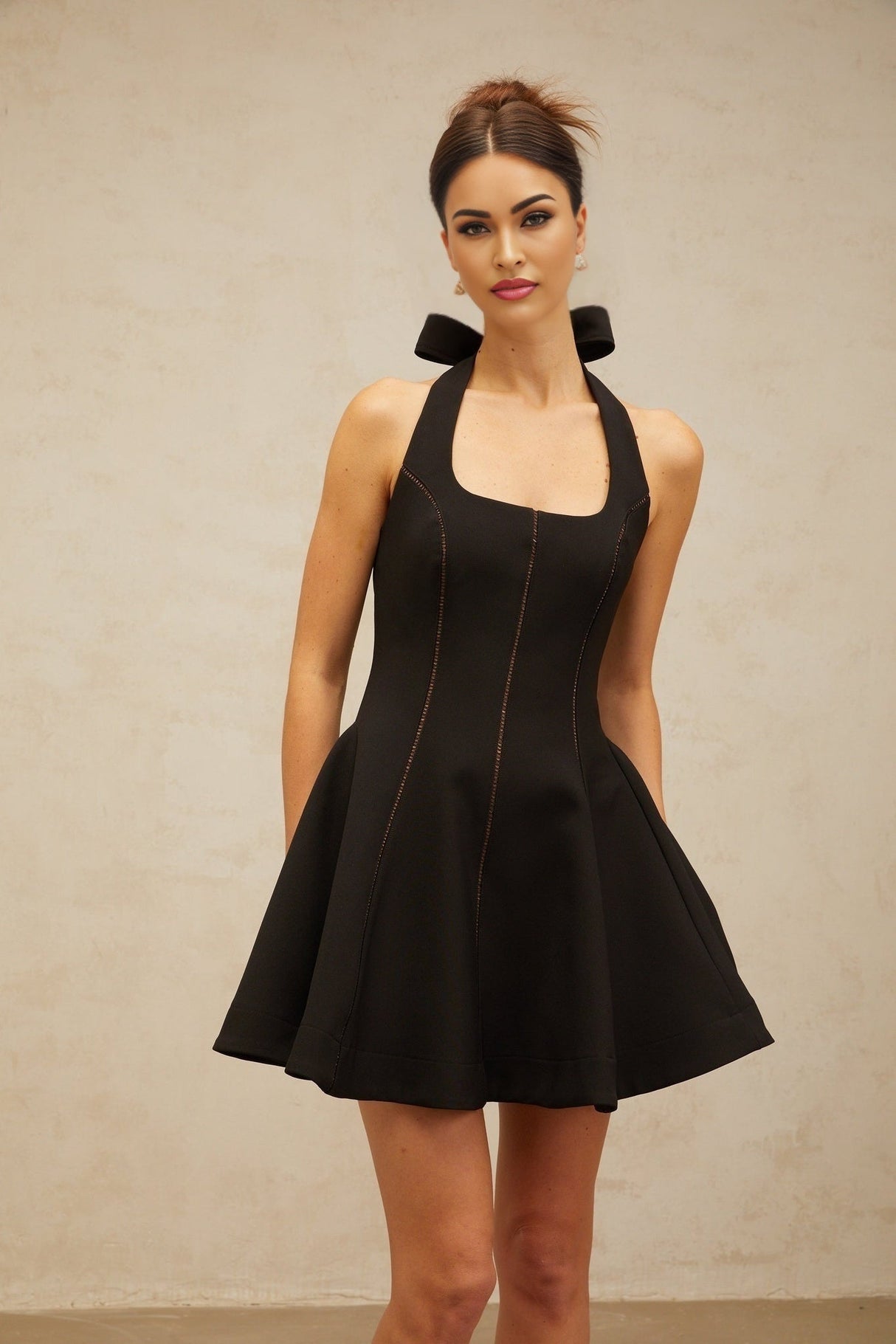 Domenica Mini Dress - Sleeveless Halterneck - Pleated Detailing - Flared Skirt - Fitted Silhouette - Neck Tie Fastening