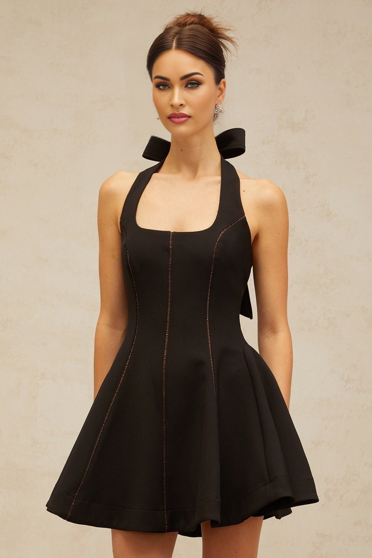 Domenica Mini Dress - Sleeveless Halterneck - Pleated Detailing - Flared Skirt - Fitted Silhouette - Neck Tie Fastening