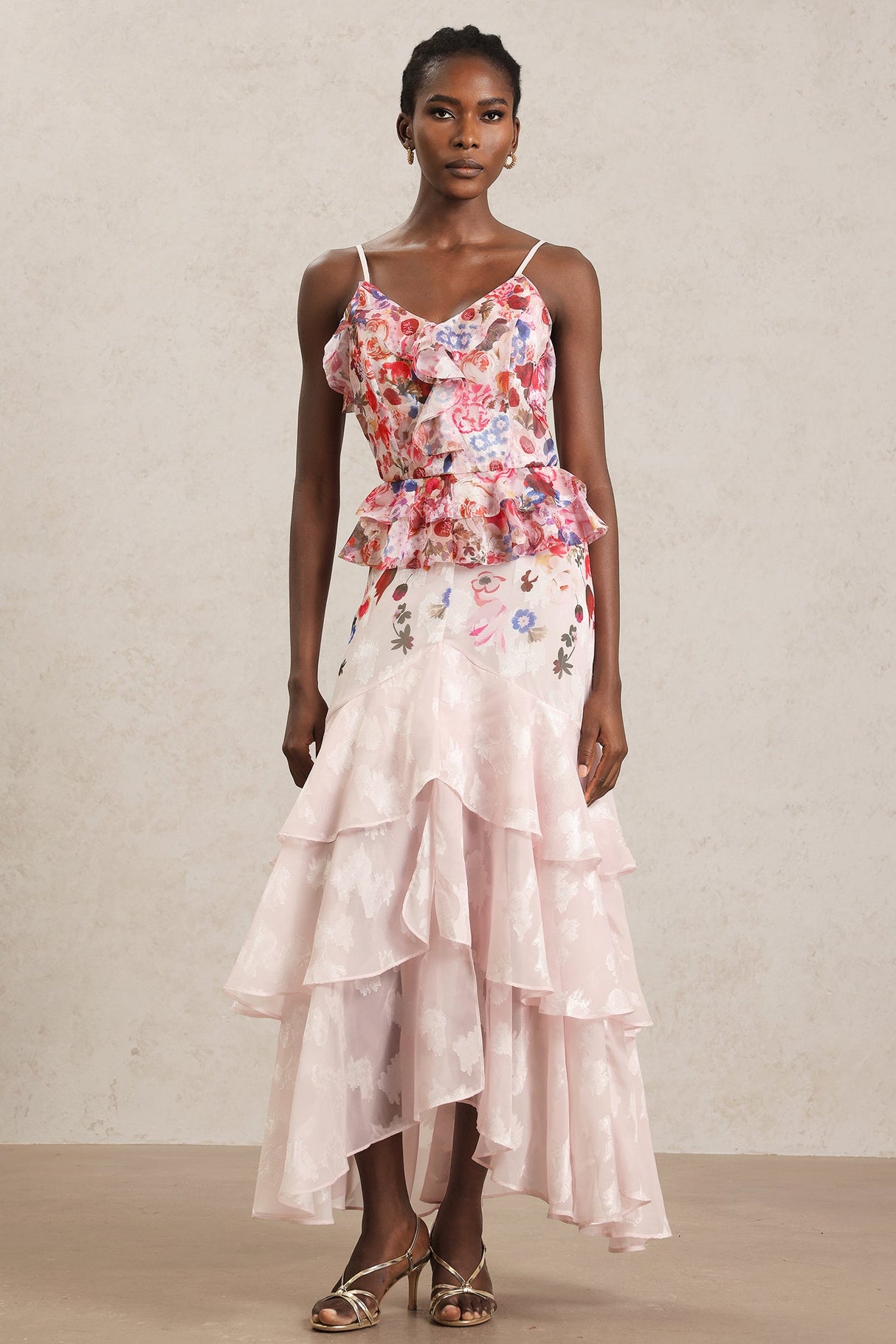 Domenica Pink Floral Ruffle Halter Dress