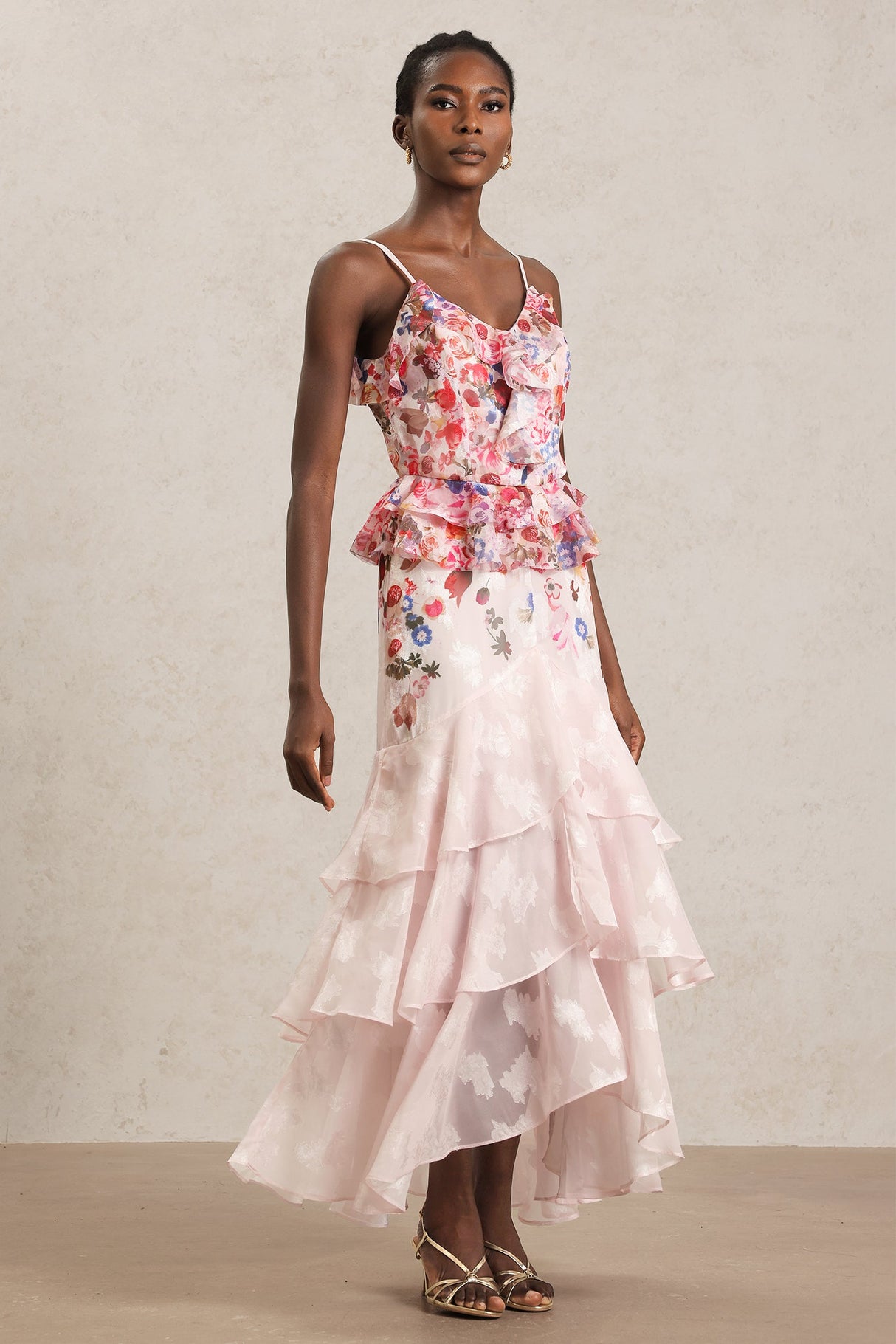 Domenica Pink Floral Ruffle Halter Dress for Garden Parties Weddings or Evening Strolls