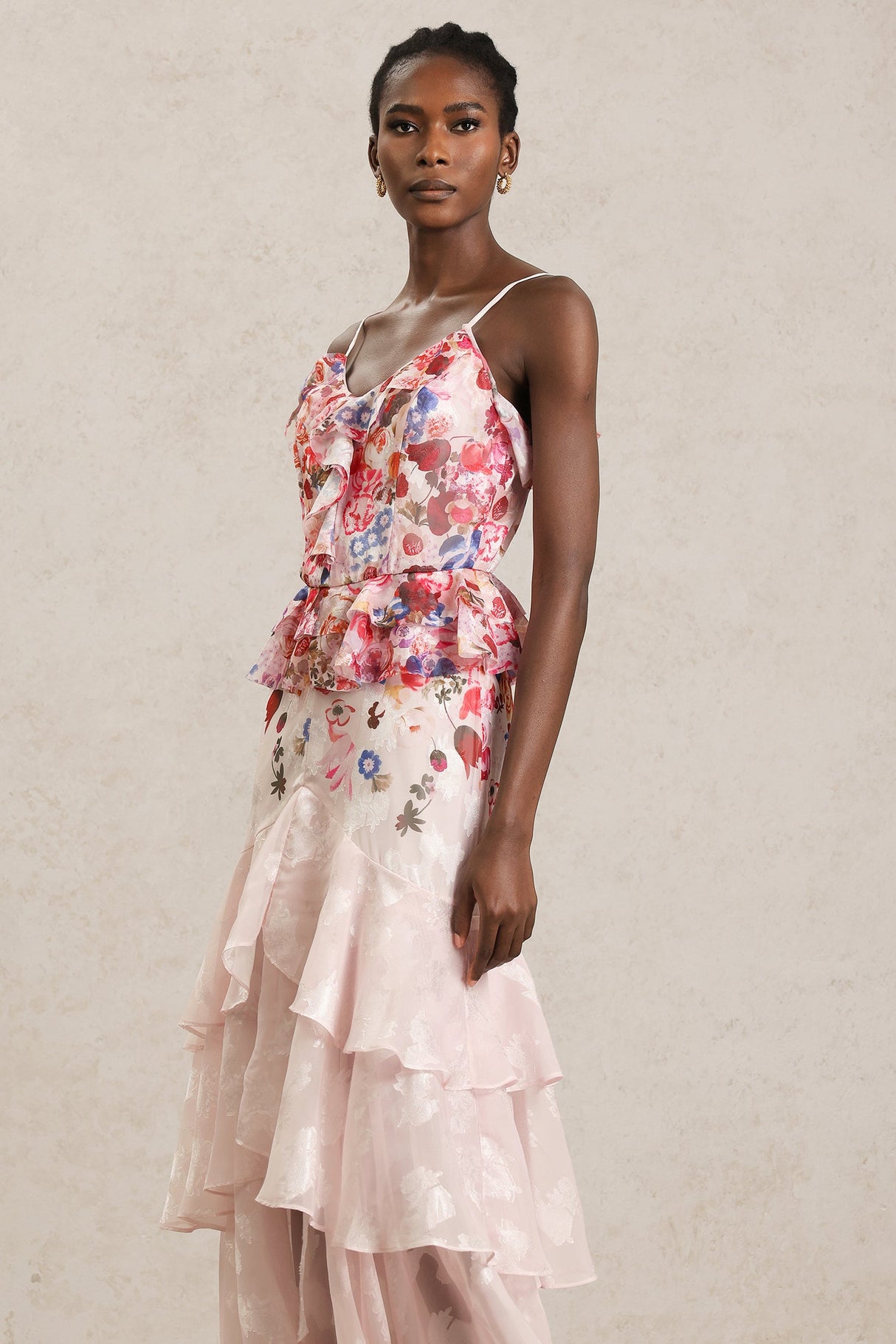 Domenica Pink Floral Ruffle Halter Dress