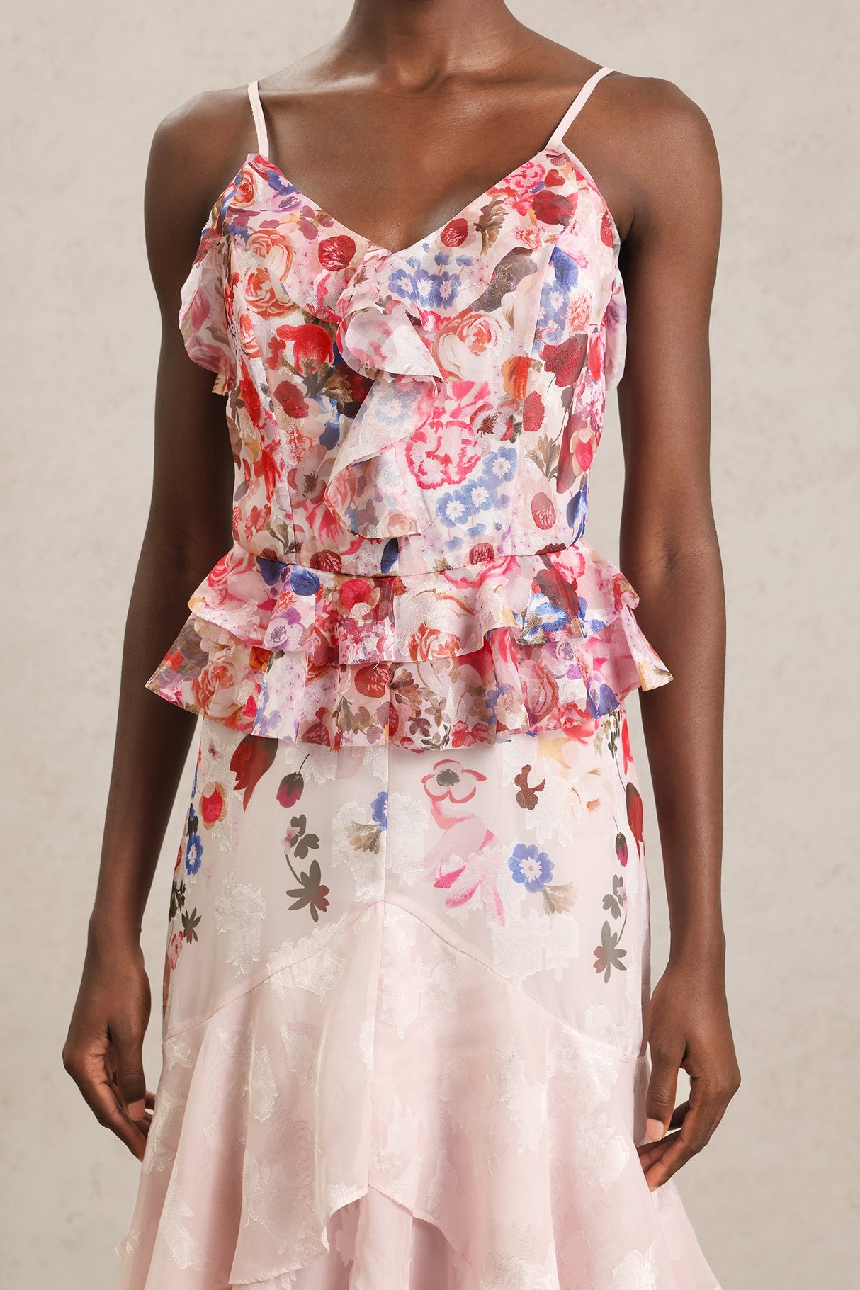 Domenica Pink Floral Ruffle Halter Dress