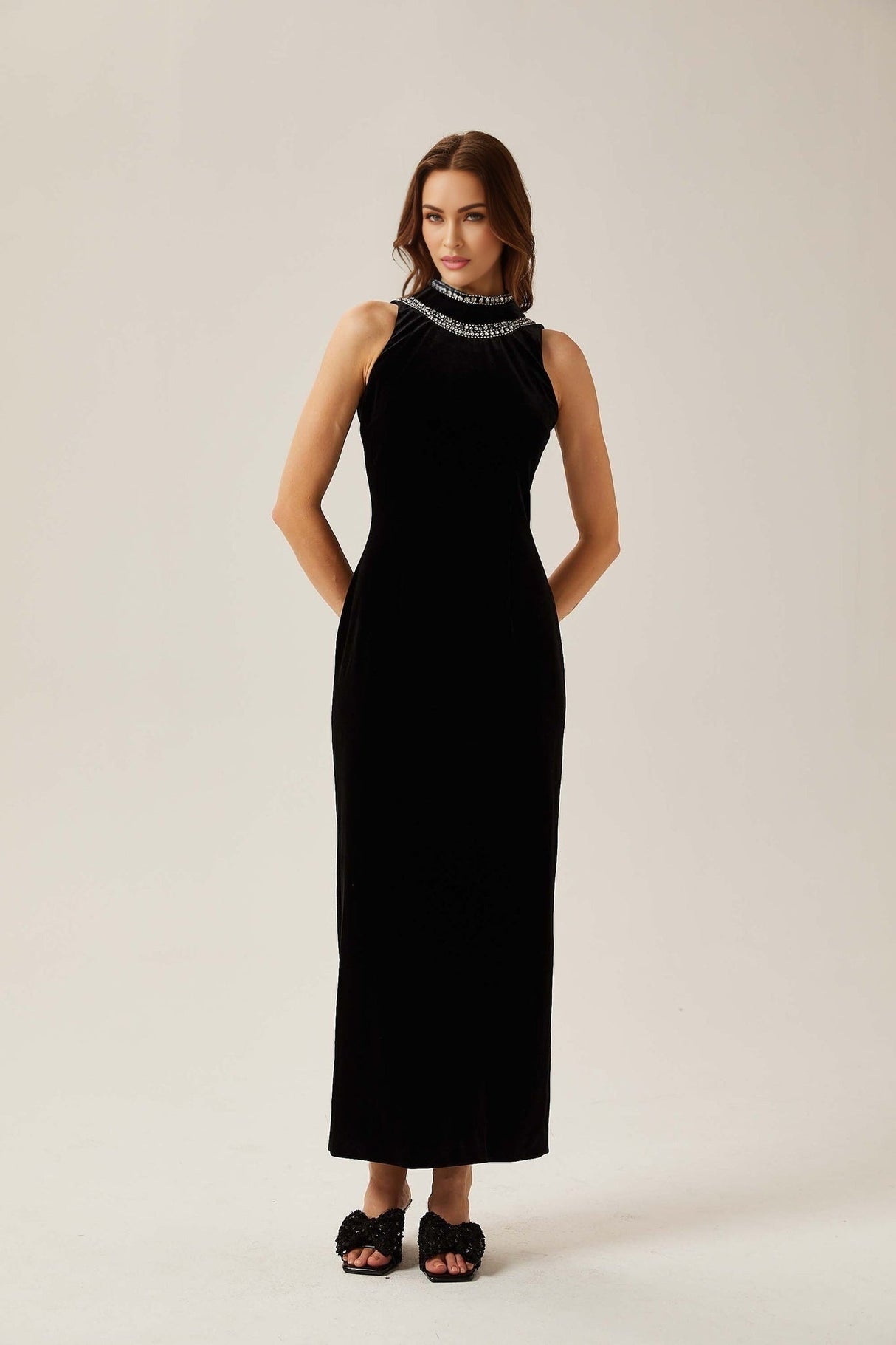 Domenica Velvet Maxi Dress – Open Back – Crystal Embellishment – Sleeveless – Mock Neck