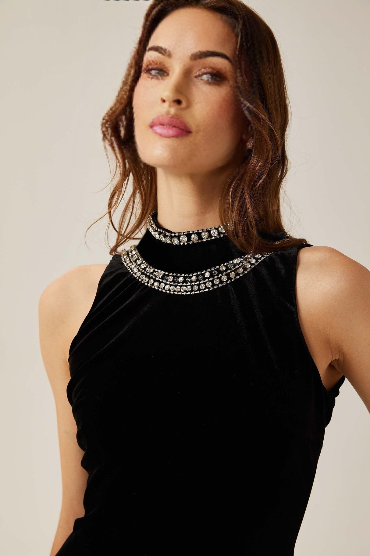 Domenica Velvet Maxi Dress – Open Back – Crystal Embellishment – Sleeveless – Mock Neck