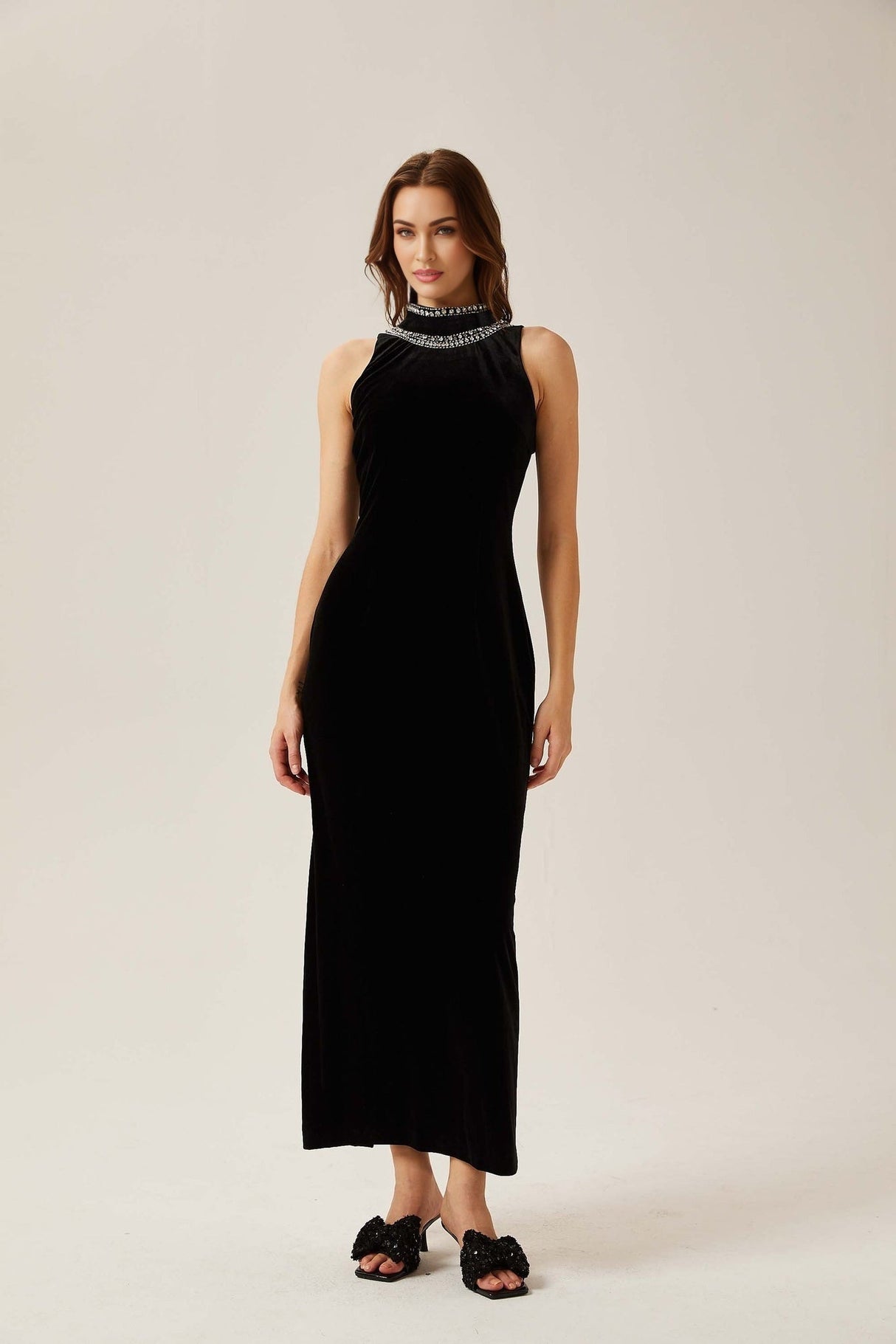 Domenica Velvet Maxi Dress – Open Back – Crystal Embellishment – Sleeveless – Mock Neck