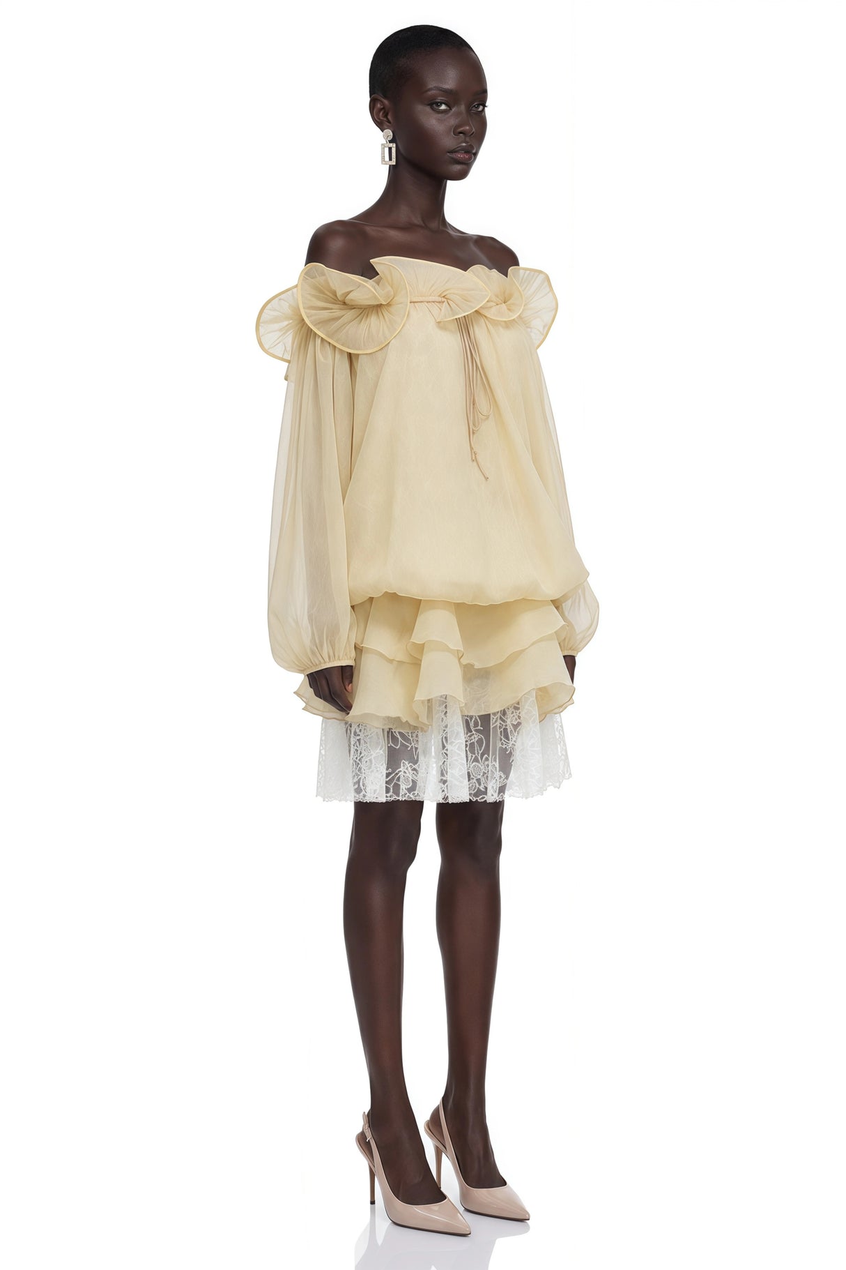 Dominica Pale Yellow Ruffled Mini Dress with 3D Florals