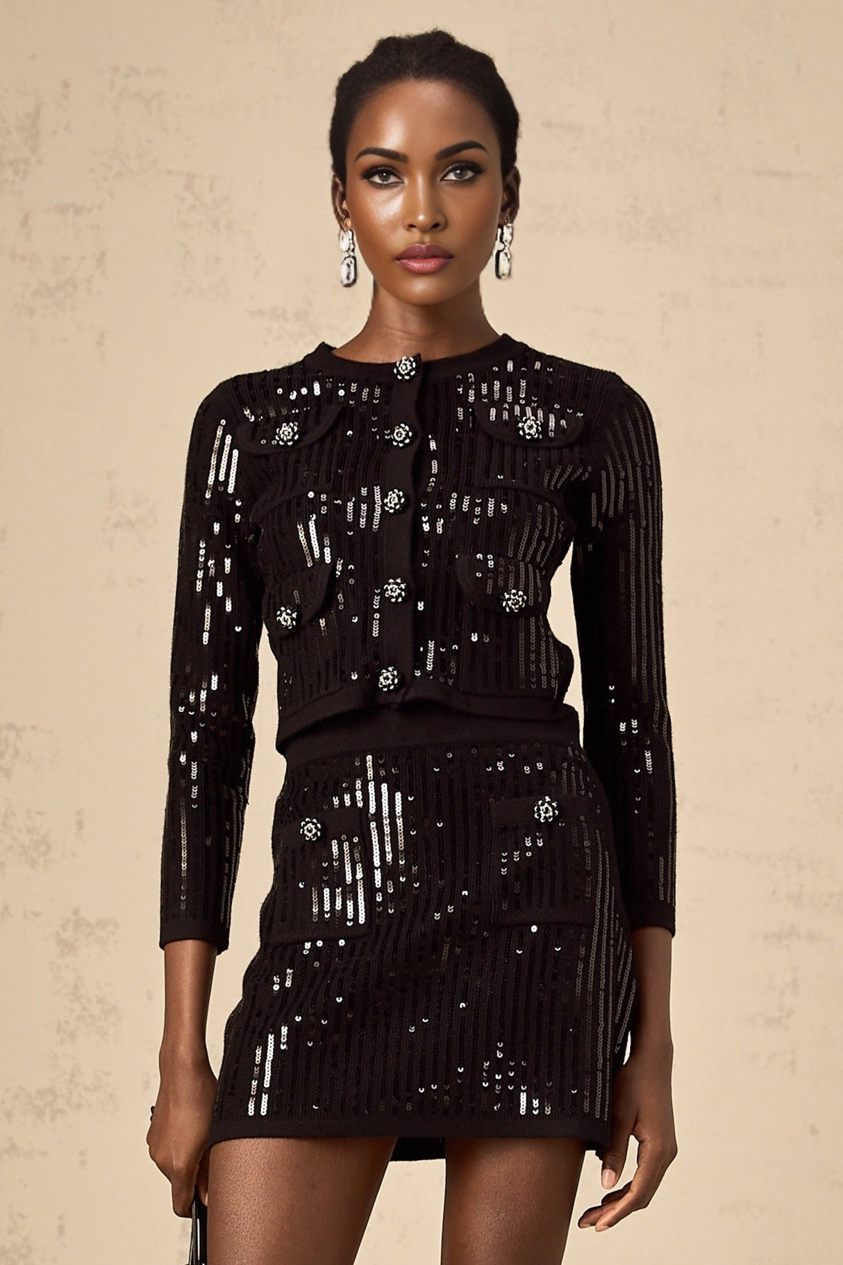 Donatella Cardigan & Skirt - Ribbed Knit - Crystal Buttons - Sequin Embellishments - Patch Pockets