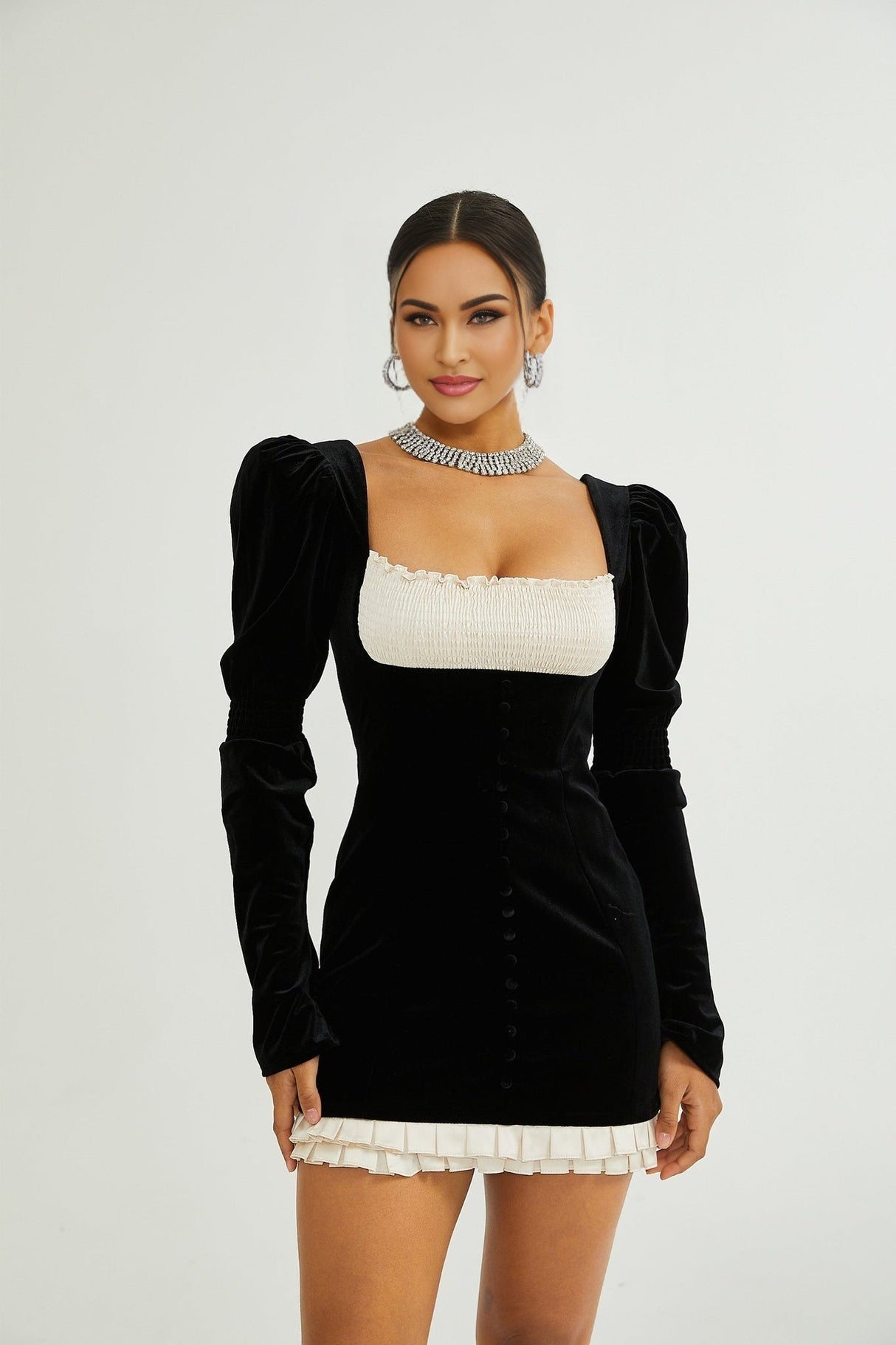 Donatella Long Sleeve Mini Dress - Square Neck - Pleated Design - Front Button Decoration - Rear Zip Fastening