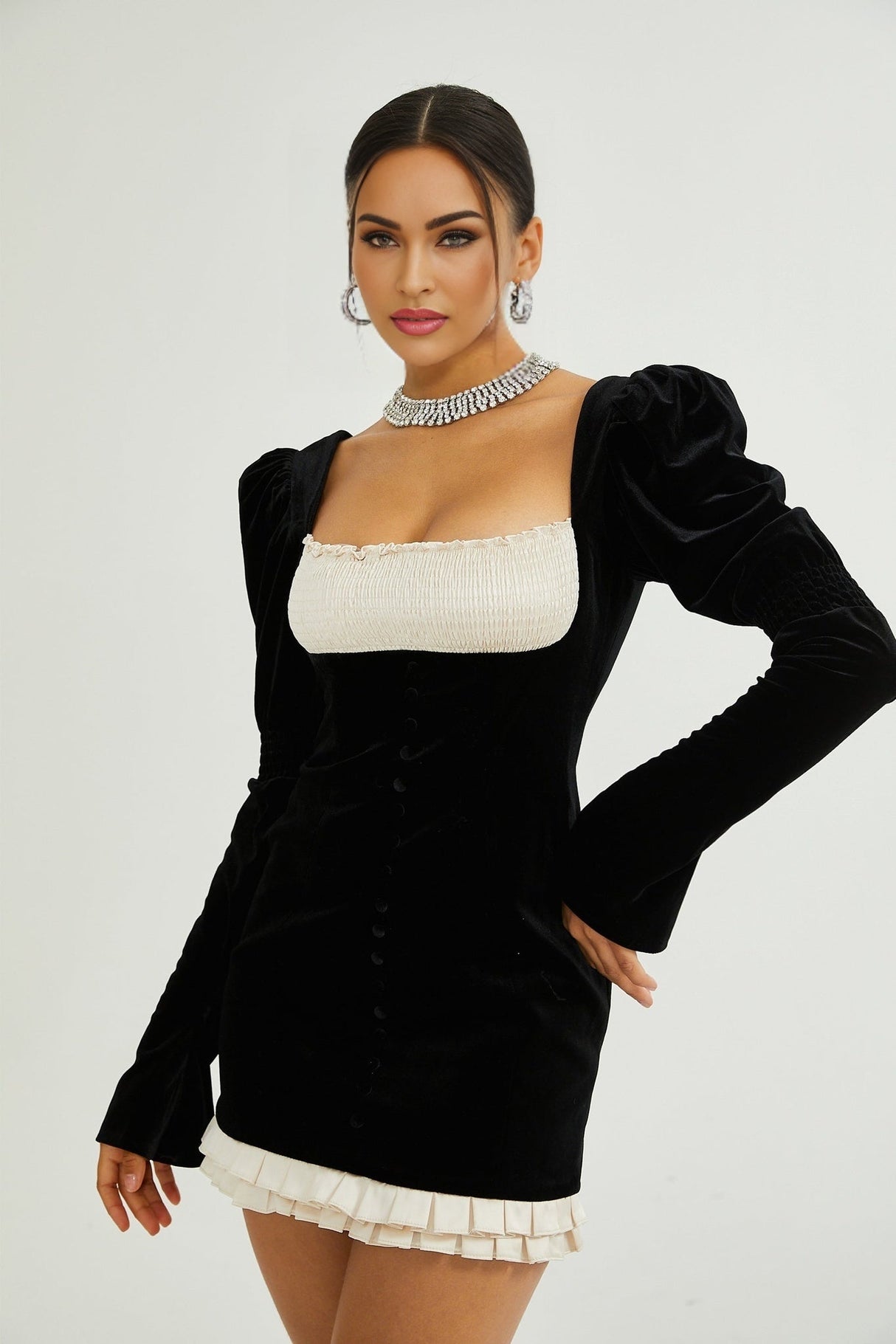 Donatella Long Sleeve Mini Dress - Square Neck - Pleated Design - Front Button Decoration - Rear Zip Fastening