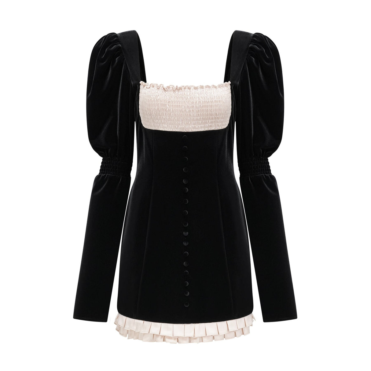 Donatella Long Sleeve Mini Dress - Square Neck - Pleated Design - Front Button Decoration - Rear Zip Fastening