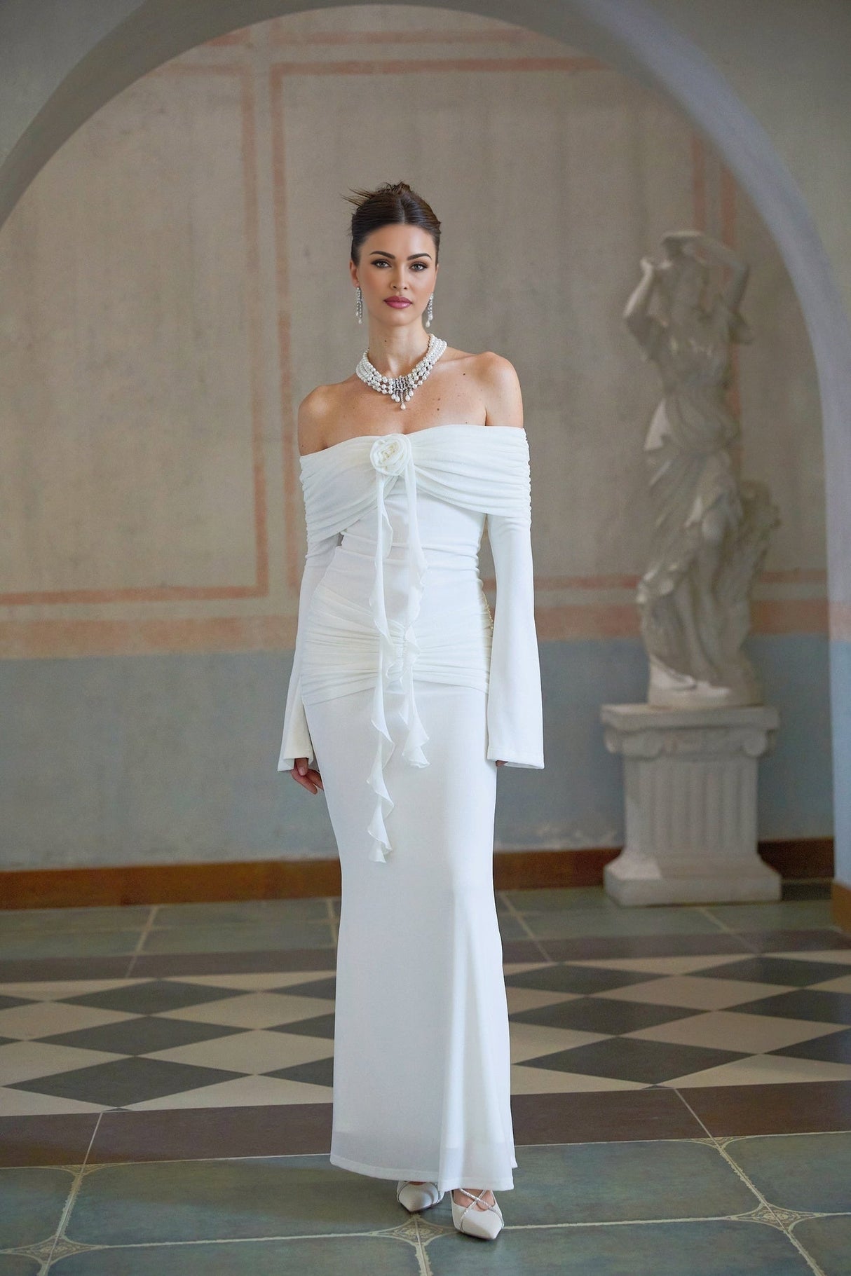 Donatella Maxi Dress - Off the Shoulder - Flared Cuffs - Floral Appliqué - Glitter Detailing - Mermaid Hem