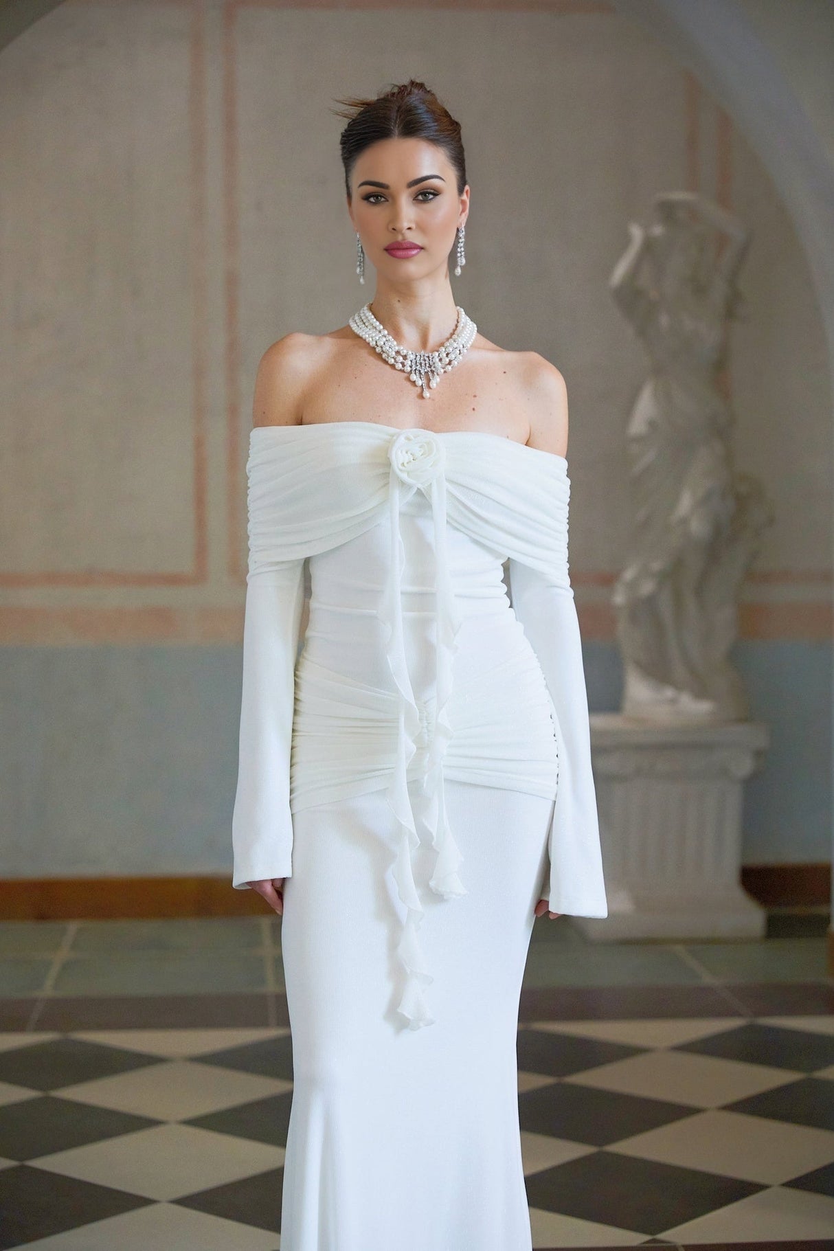 Donatella Maxi Dress - Off the Shoulder - Flared Cuffs - Floral Appliqué - Glitter Detailing - Mermaid Hem