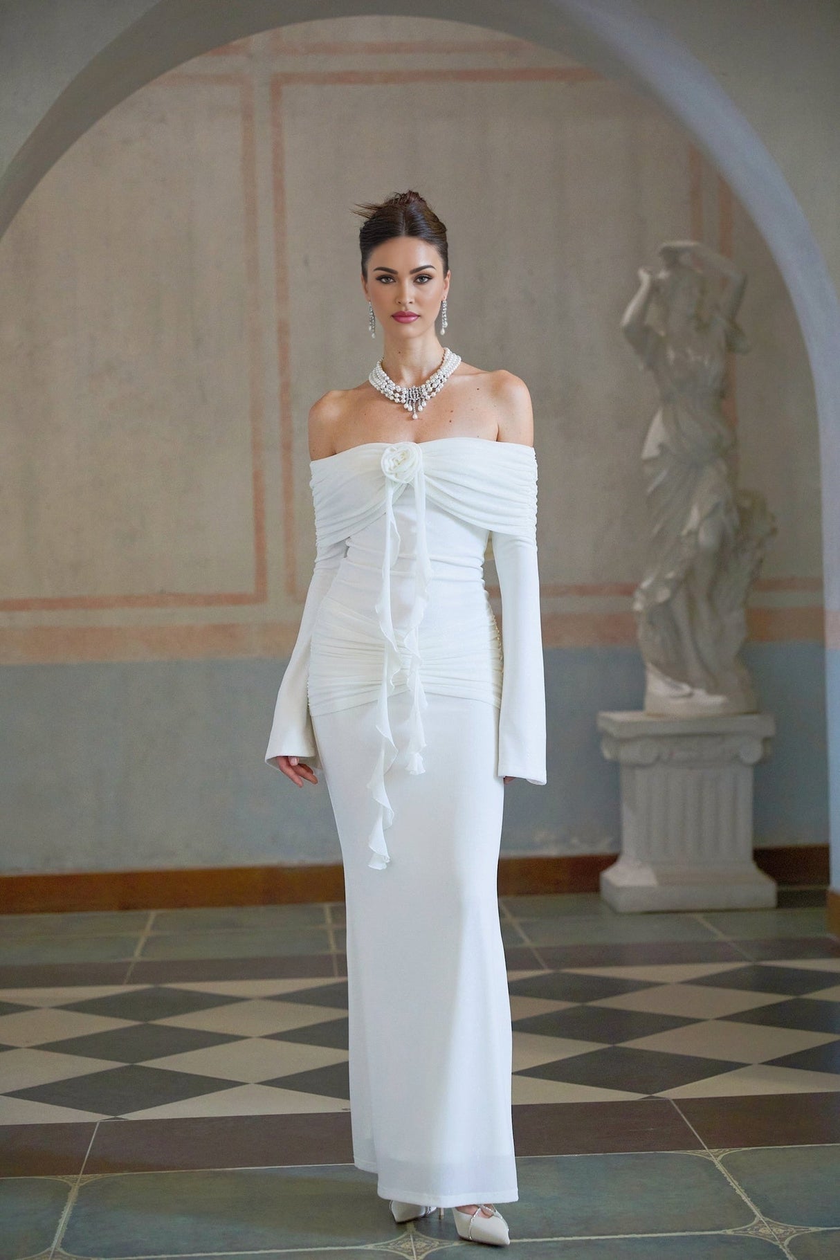 Donatella Maxi Dress - Off the Shoulder - Flared Cuffs - Floral Appliqué - Glitter Detailing - Mermaid Hem