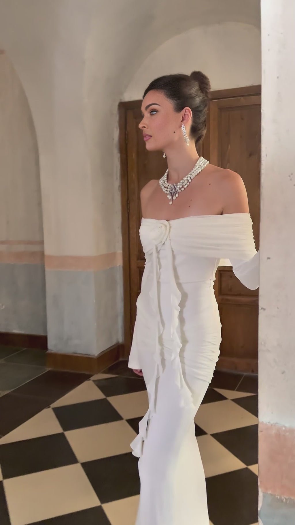 Donatella Maxi Dress - Off the Shoulder - Flared Cuffs - Floral Appliqué - Glitter Detailing - Mermaid Hem