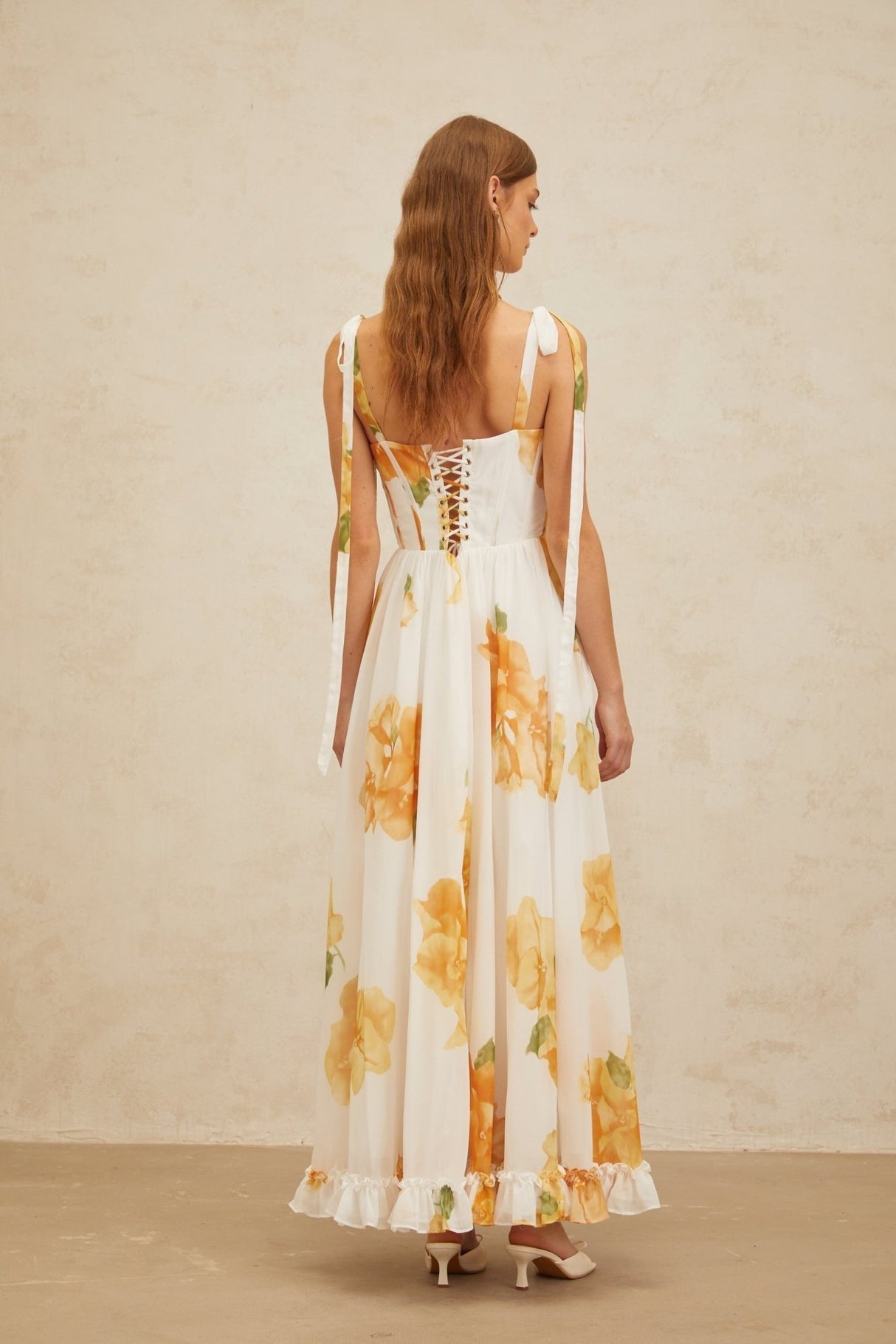Donatella Maxi Dress - White Orange Floral Sweetheart Wide Tie Boned Cinched Ruffle Lace - Up Slit Shired Buttons Fiber