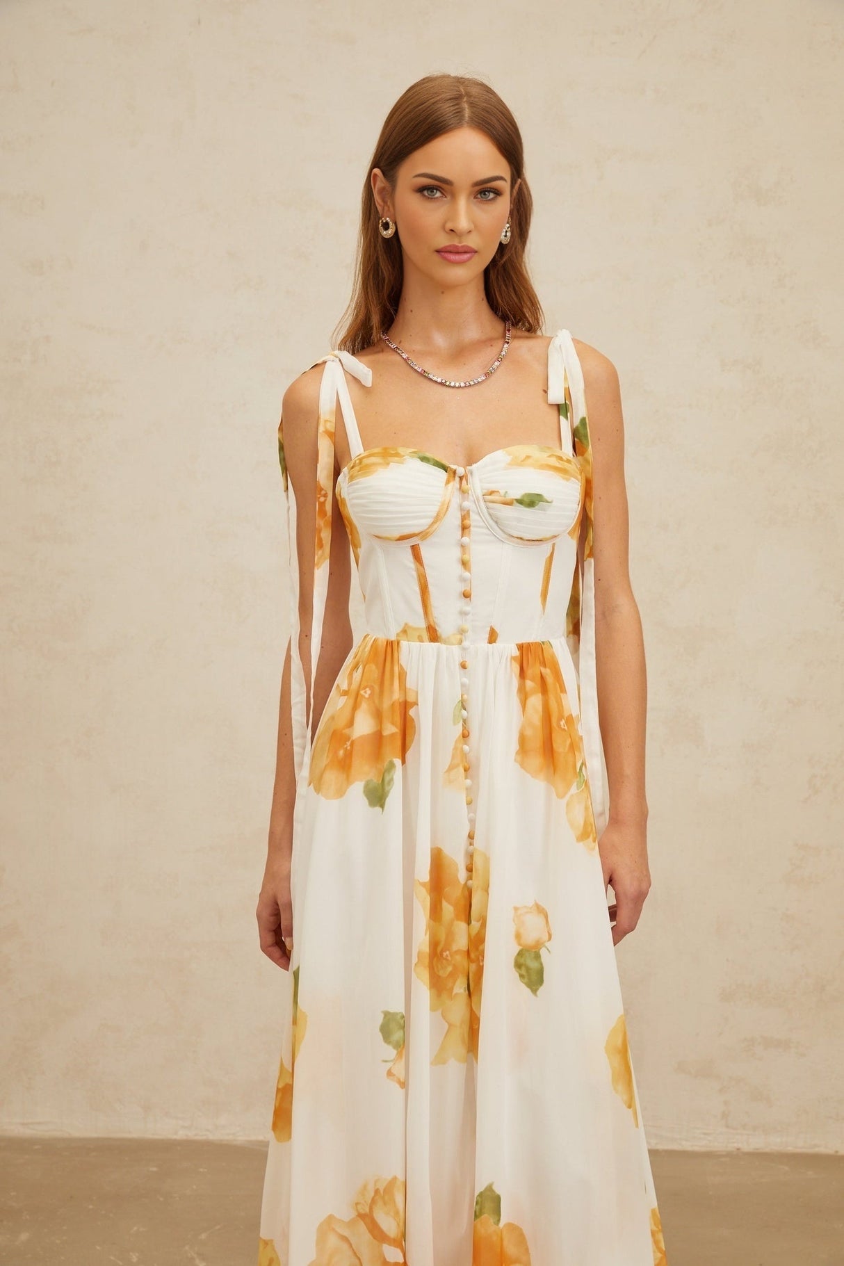 Donatella Maxi Dress - White Orange Floral Sweetheart Wide Tie Boned Cinched Ruffle Lace - Up Slit Shired Buttons Fiber