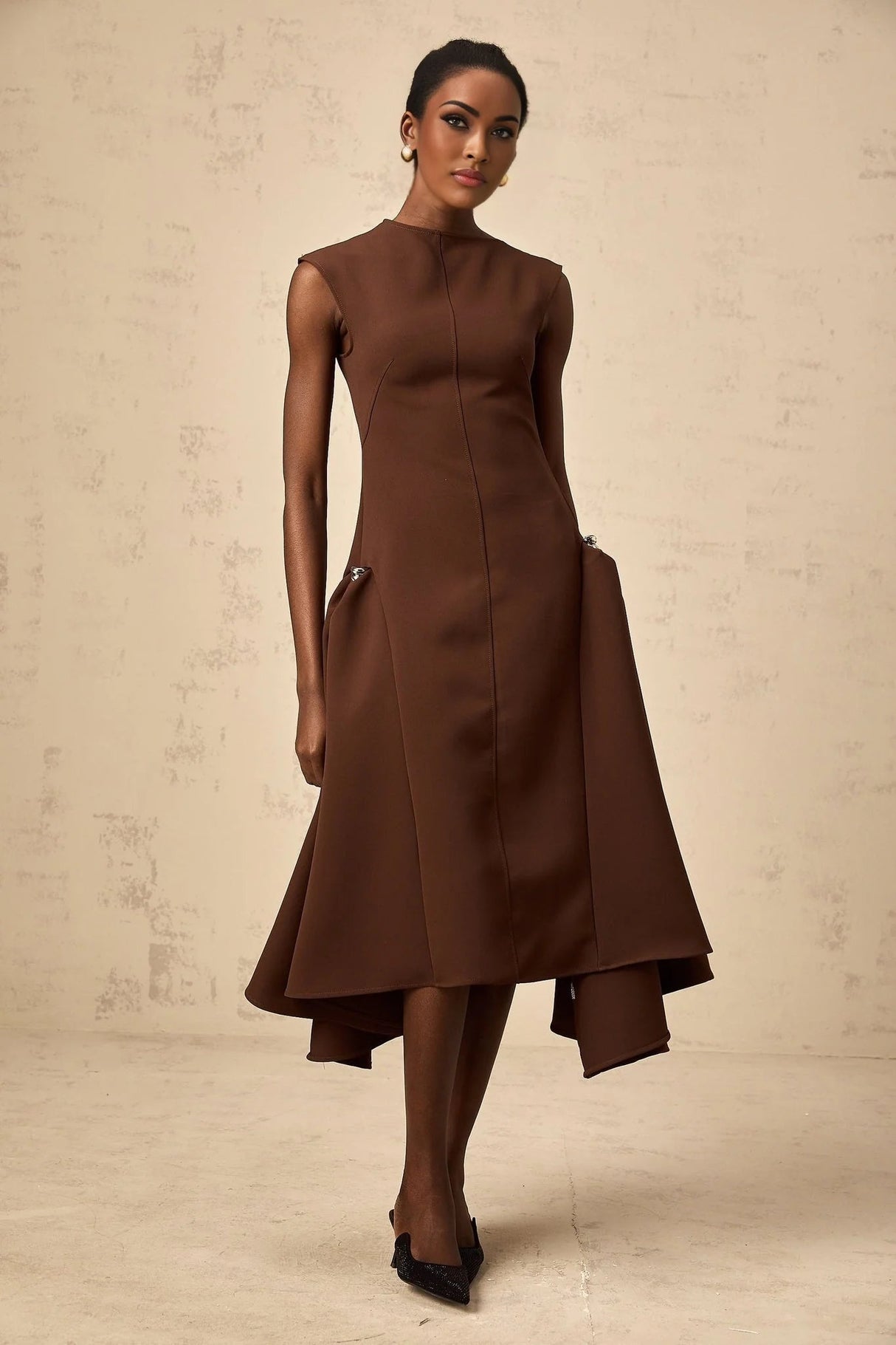 Donatella Midi Dress Brown Twill Asymmetrical Full Skirt Silver - tone Hardware