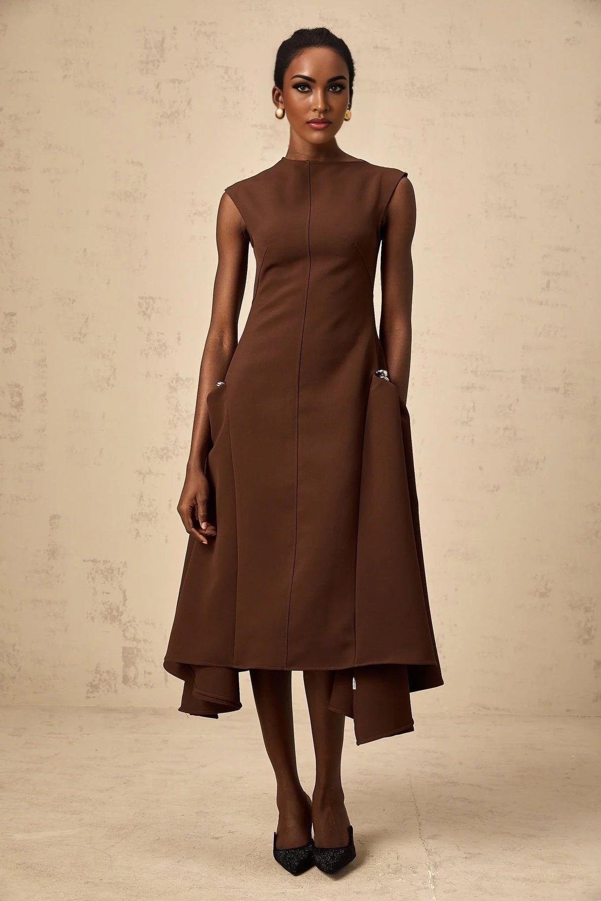 Donatella Midi Dress Brown Twill Asymmetrical Full Skirt Silver - tone Hardware