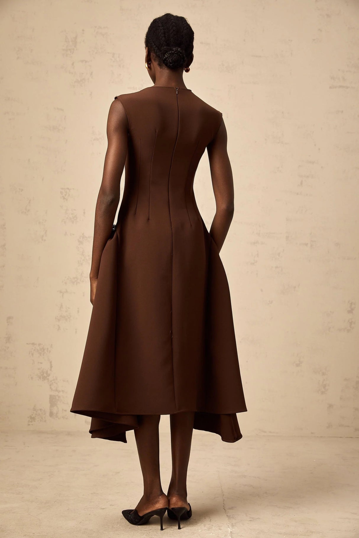Donatella Midi Dress Brown Twill Asymmetrical Full Skirt Silver - tone Hardware