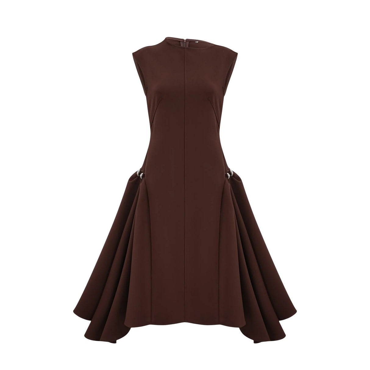 Donatella Midi Dress Brown Twill Asymmetrical Full Skirt Silver - tone Hardware