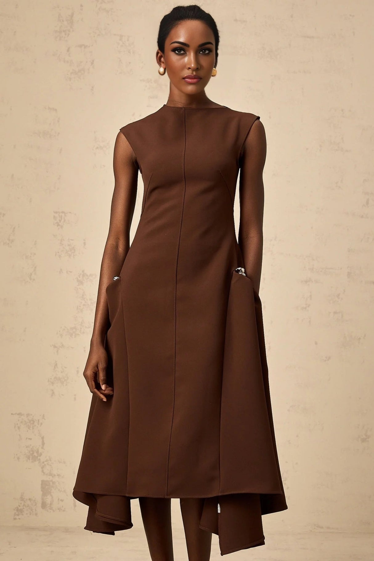 Donatella Midi Dress Brown Twill Asymmetrical Full Skirt Silver - tone Hardware