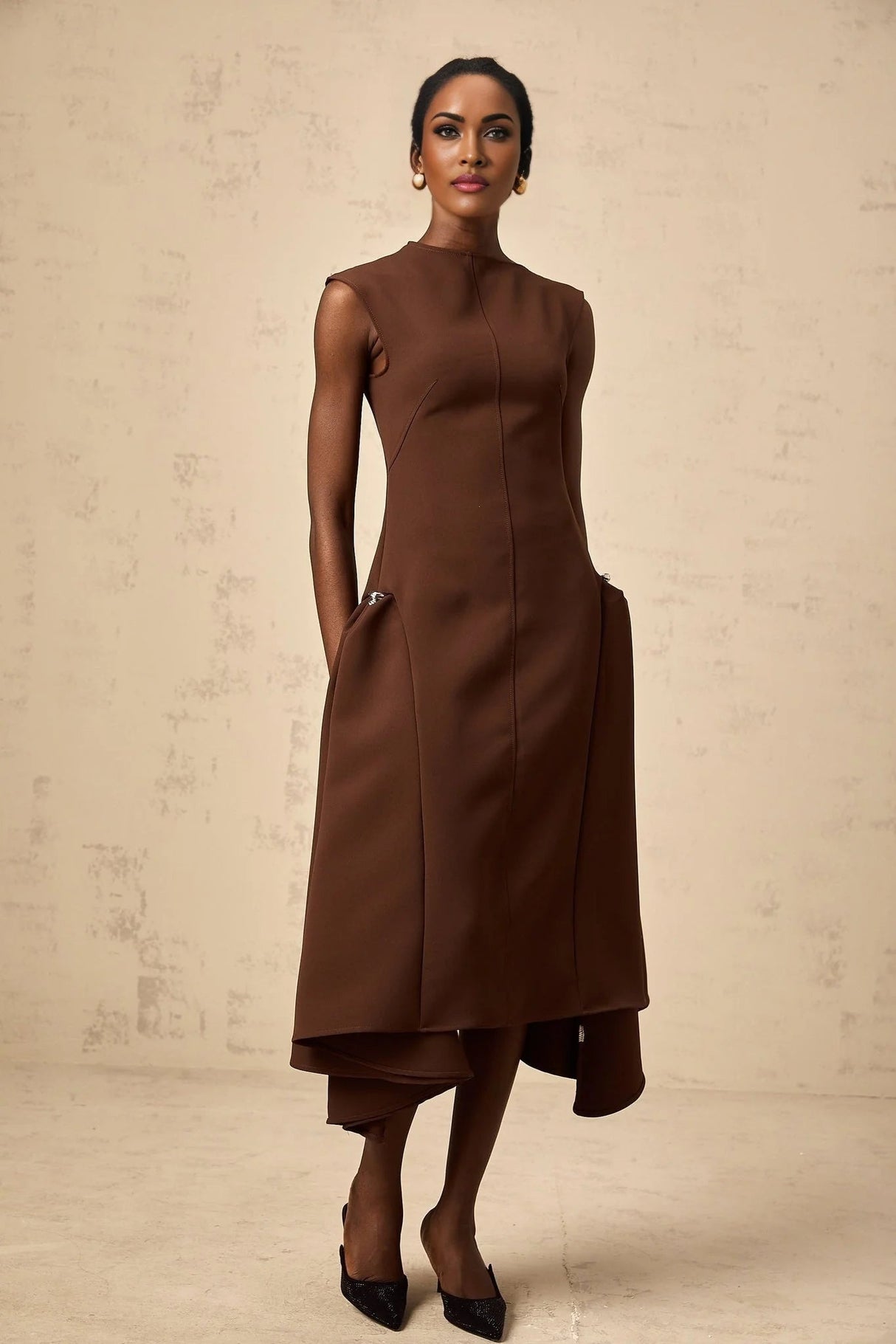 Donatella Midi Dress Brown Twill Asymmetrical Full Skirt Silver - tone Hardware