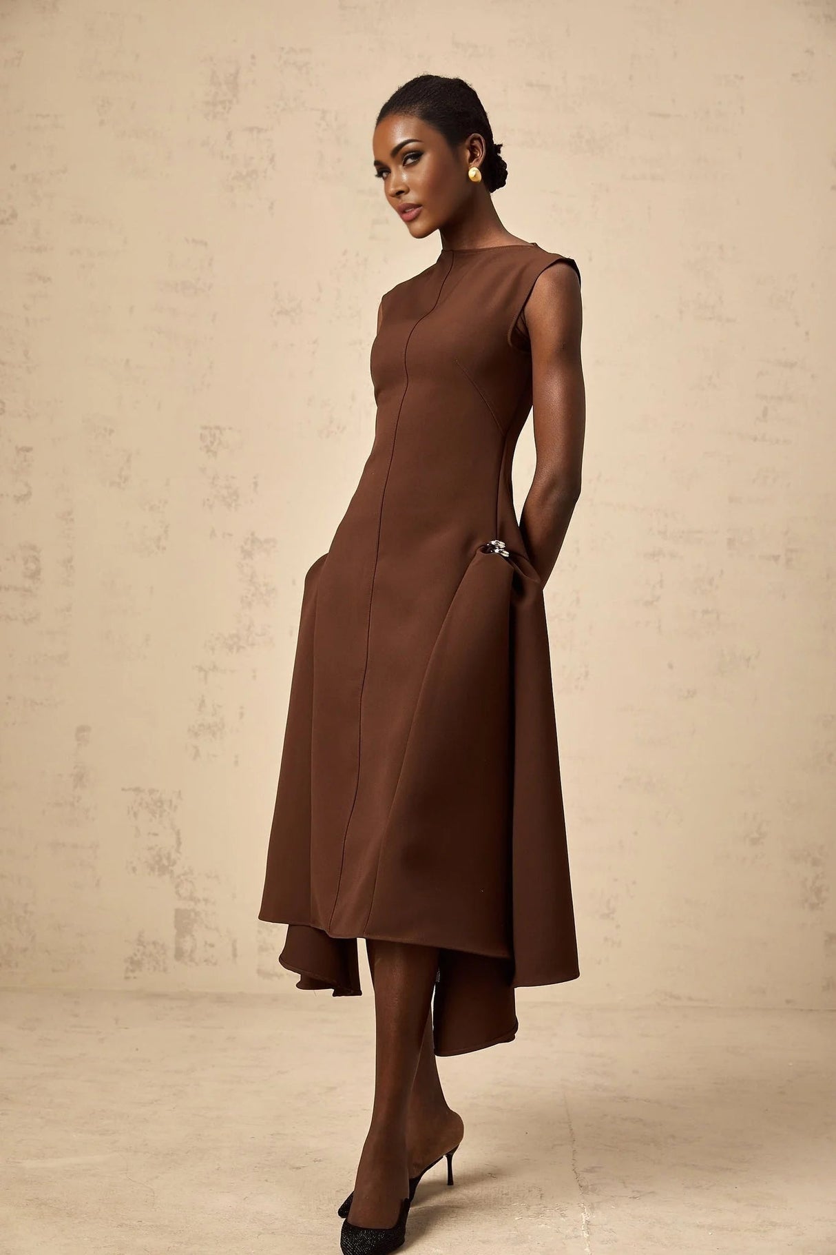 Donatella Midi Dress Brown Twill Asymmetrical Full Skirt Silver - tone Hardware