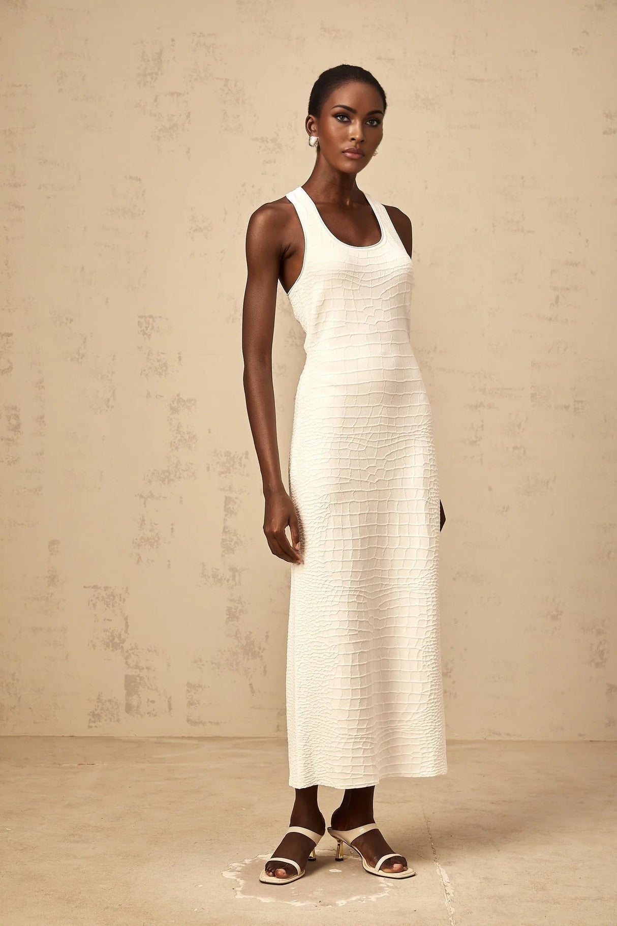 Donatella Midi Dress White Textured U - Neck Slit Style