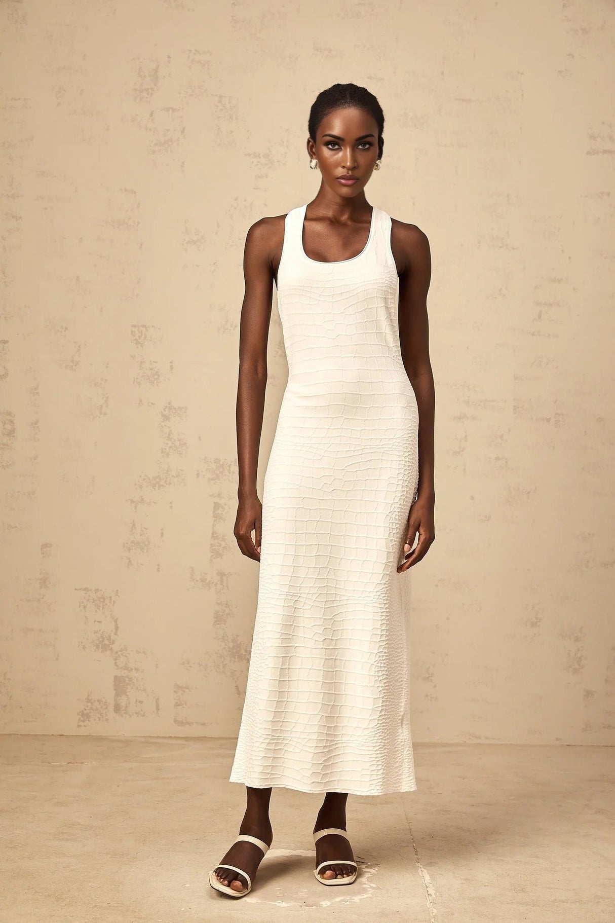 Donatella Midi Dress White Textured U - Neck Slit Style