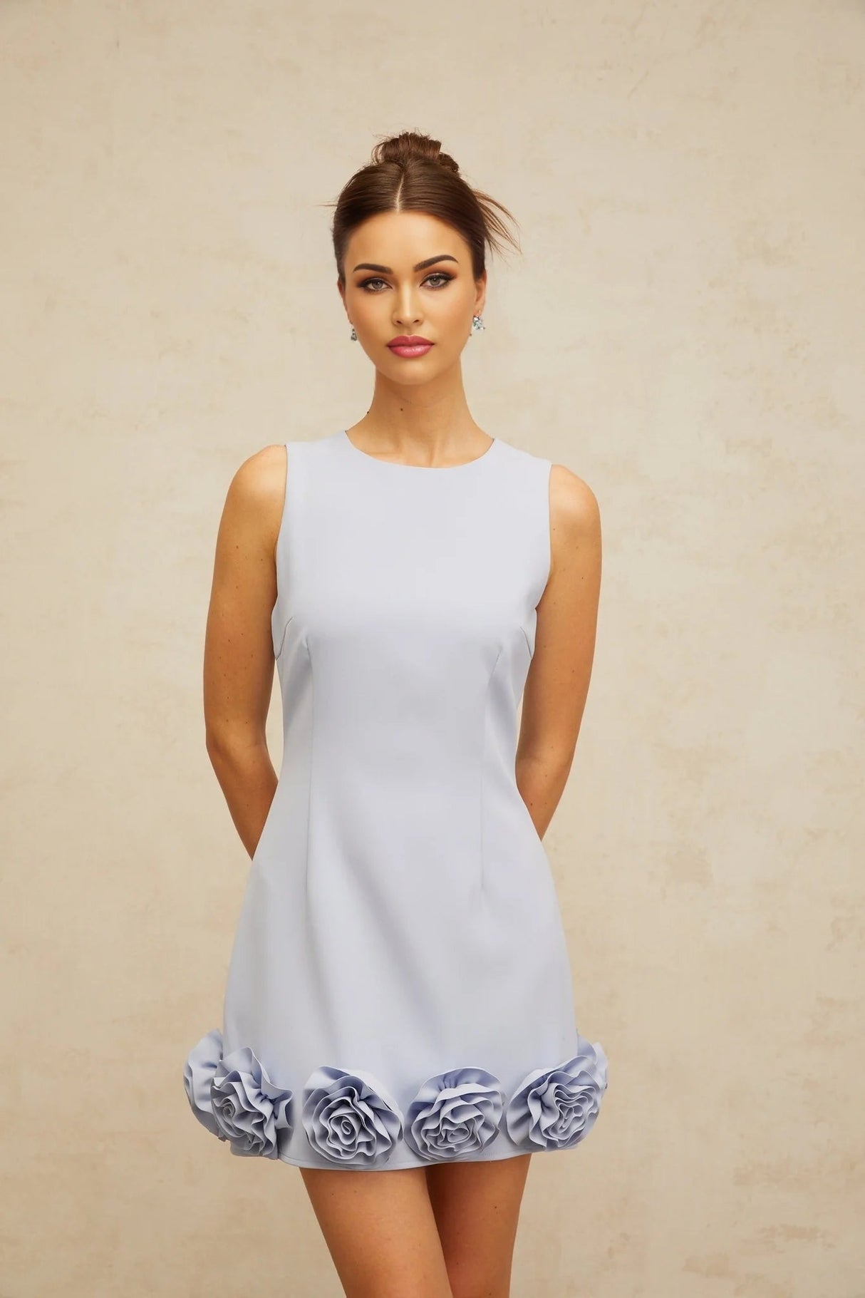 Donatella Mini Dress Blue Faux - Flower Charm & Cinched Waist