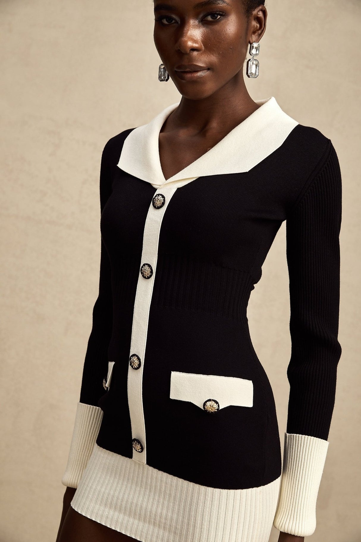 Donatella Mini Dress - Long Sleeve V - Neck Color Block Notched Lapel Ribbed Knit Button Front Pockets Straight Hem