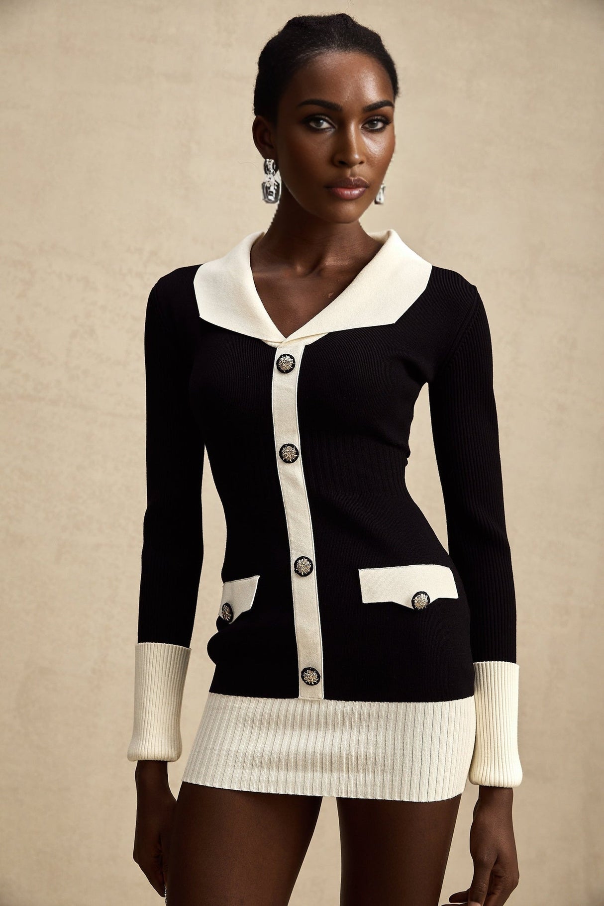 Donatella Mini Dress - Long Sleeve V - Neck Color Block Notched Lapel Ribbed Knit Button Front Pockets Straight Hem