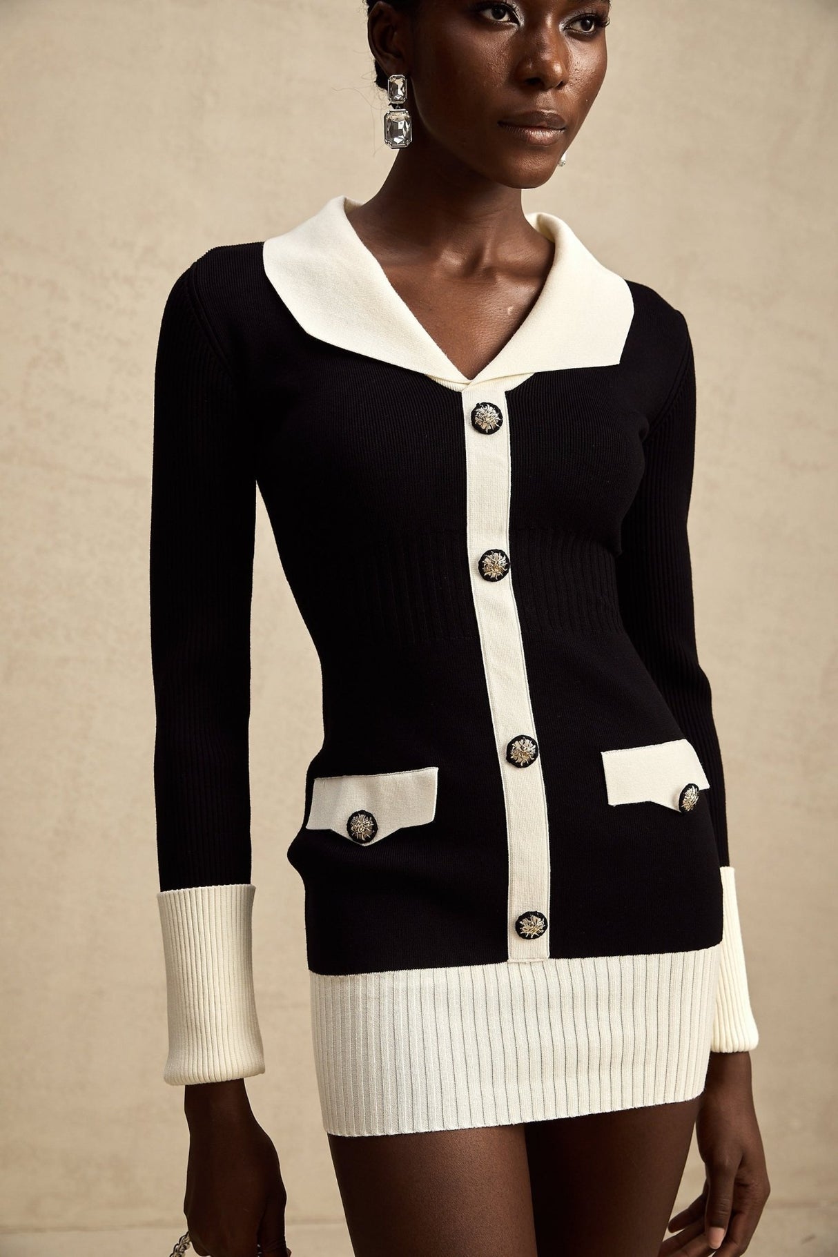 Donatella Mini Dress - Long Sleeve V - Neck Color Block Notched Lapel Ribbed Knit Button Front Pockets Straight Hem