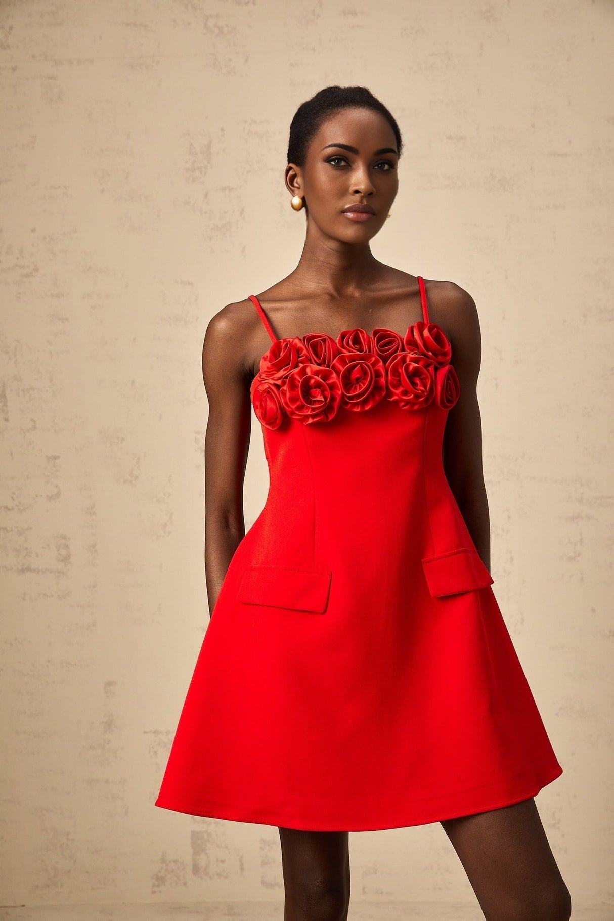 Donatella Mini Dress - Spaghetti Straps - Floral Appliqué - Cinched Waist - Flared Skirt - Rear Zip Fastening